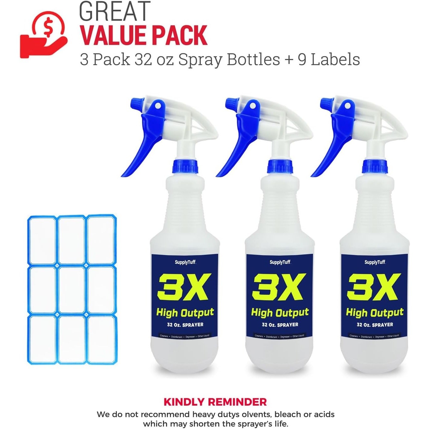 3 Pack 32oz Spray Bottles Heavy Duty Adjustable Nozzle Leak Proof Cleaning