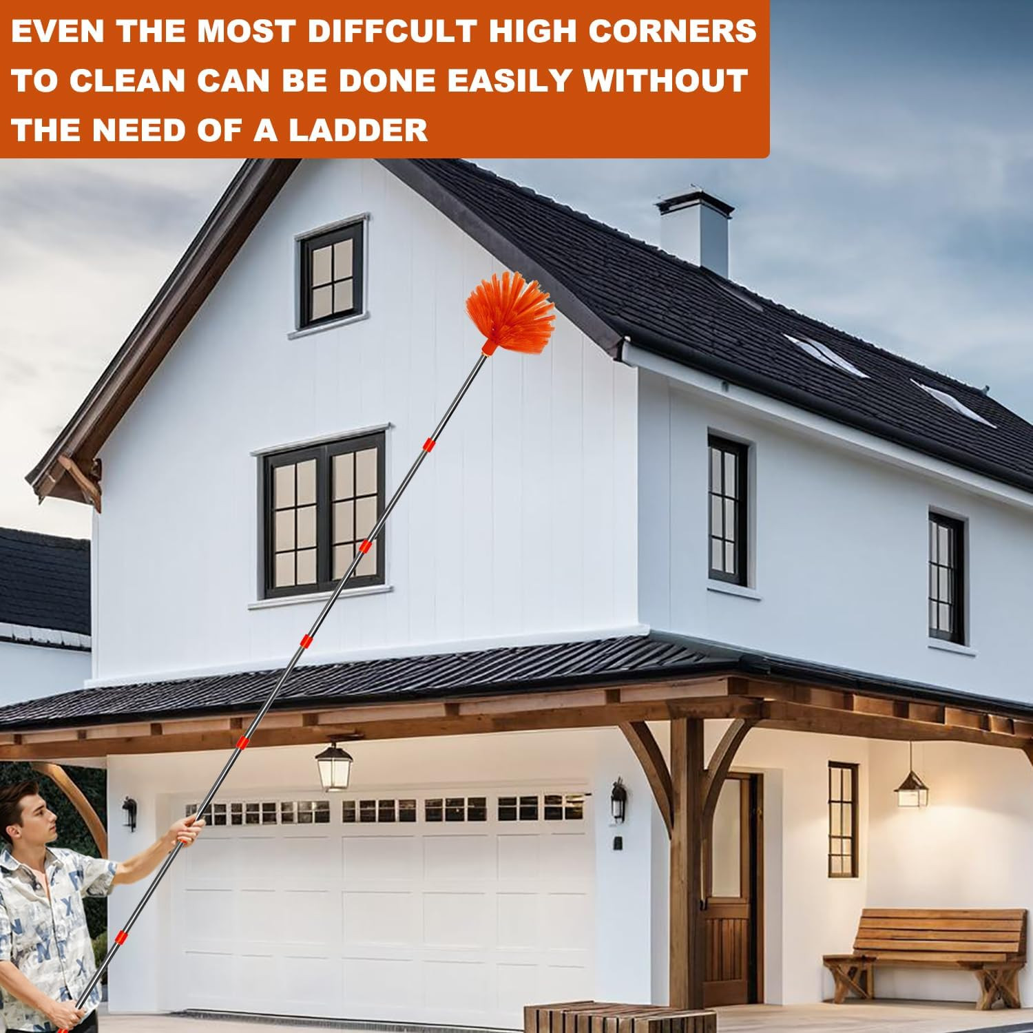 20 Feet High Reach Duster Kit with 2-14 Ft Extension Pole, Cobweb & Corner Brush