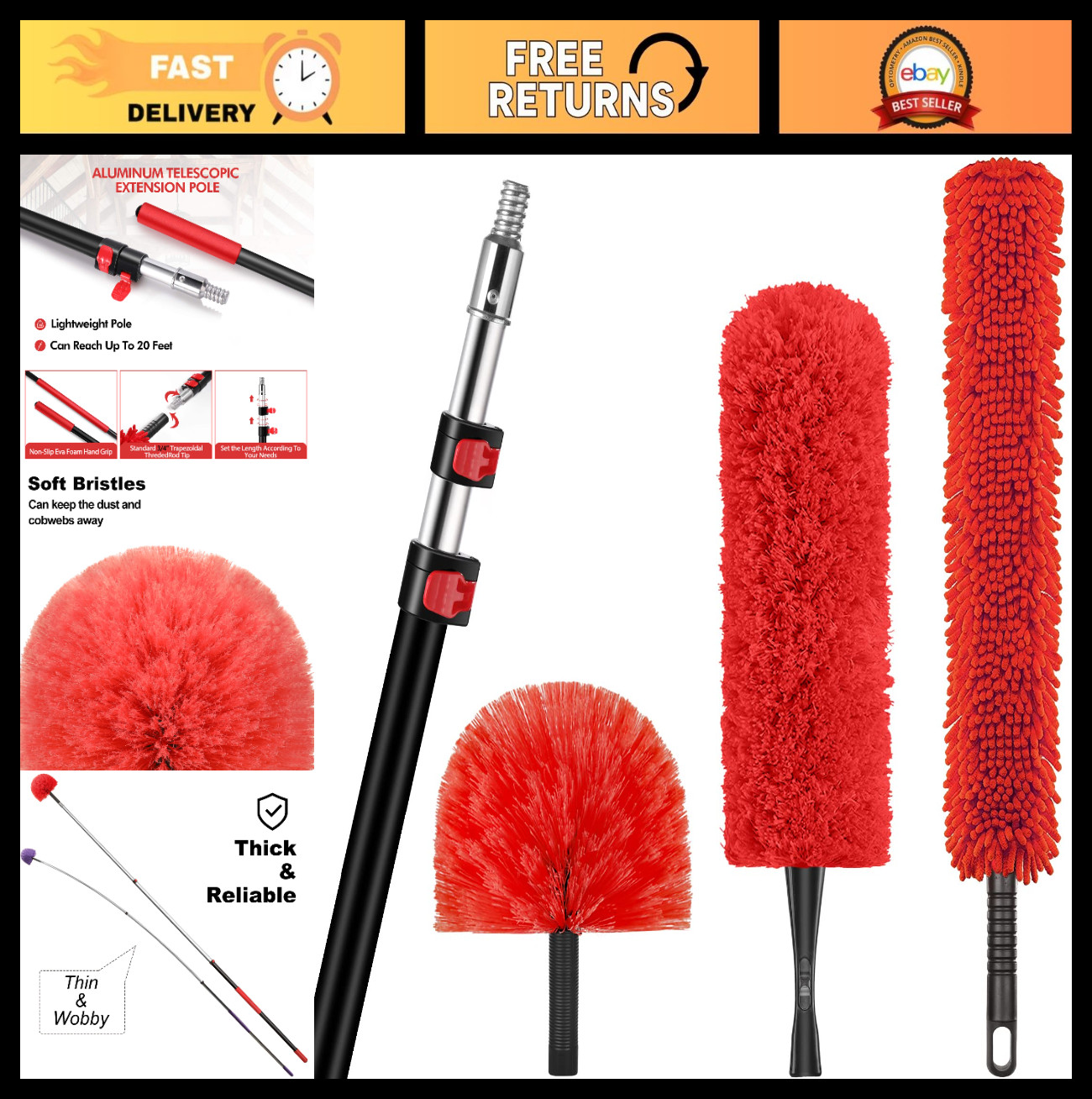 20ft High Reach Dusting Kit – Telescopic Extension Pole & Microfiber Duster for