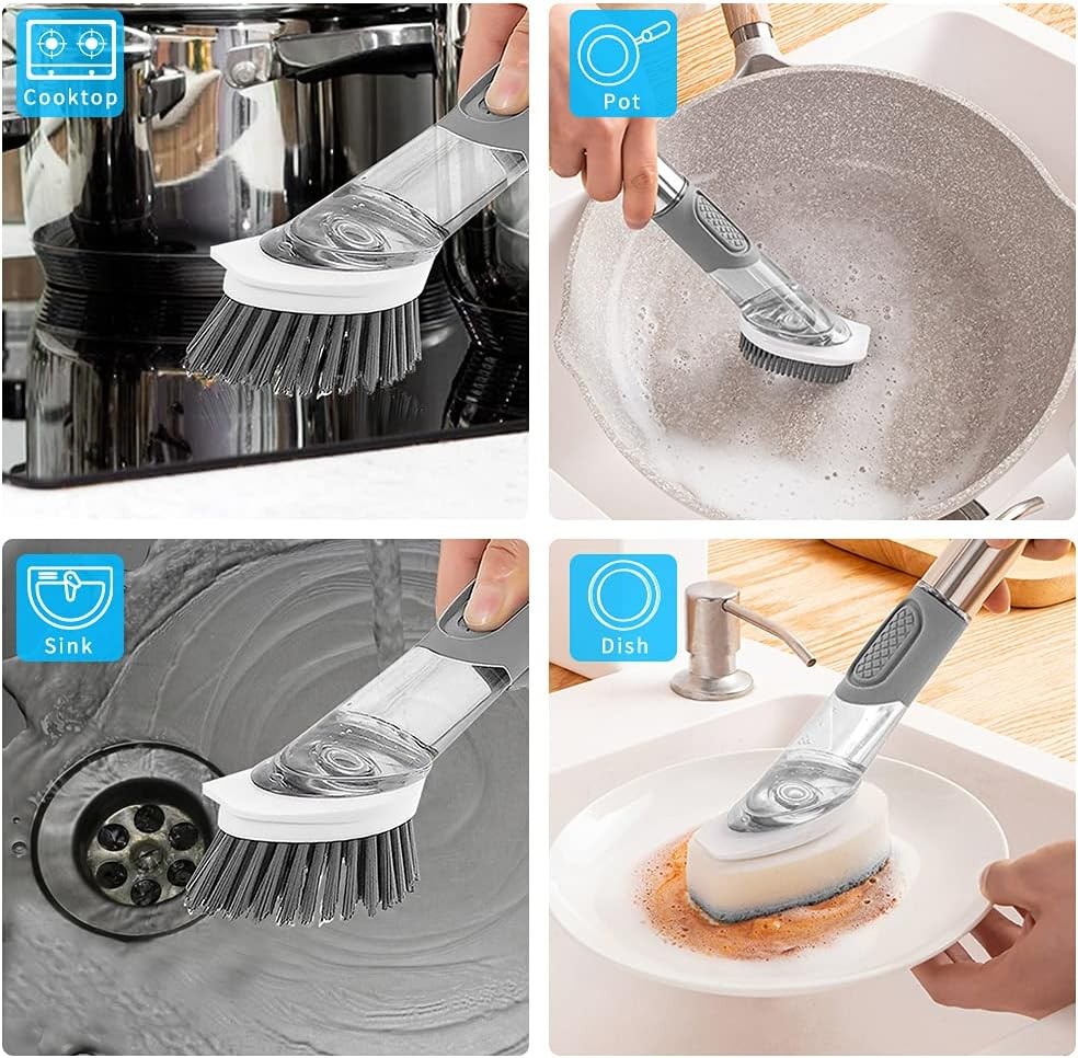 4-in-1 Dish Cleaning Brush Soap Dispensing Dish Brush Set with 4 Replacement Hea