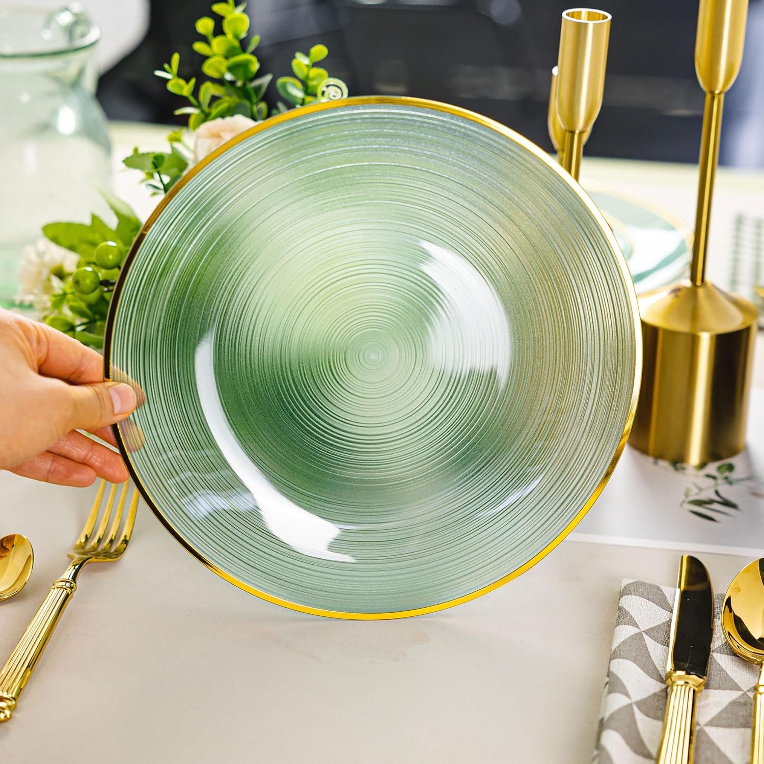 100PCS Transparent Green Gold Plastic Plates, 10 Inch Heavy Duty Disposable Di