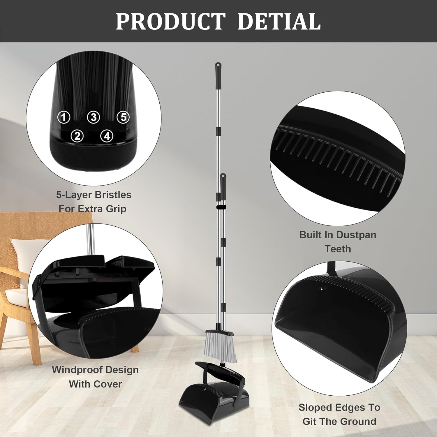 Broom and Dustpan Set, Long Handle Broom with Dustpan bo Set, Windproof