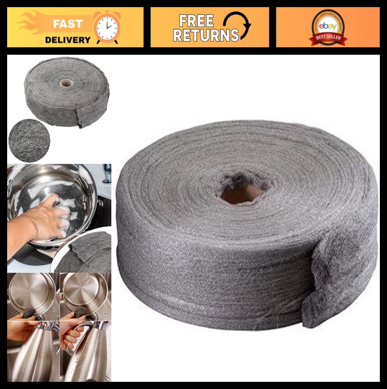 5lb Grade 0000 Steel Wool Roll for Cleaning, Rust Removal, Wood & Metal Buffing