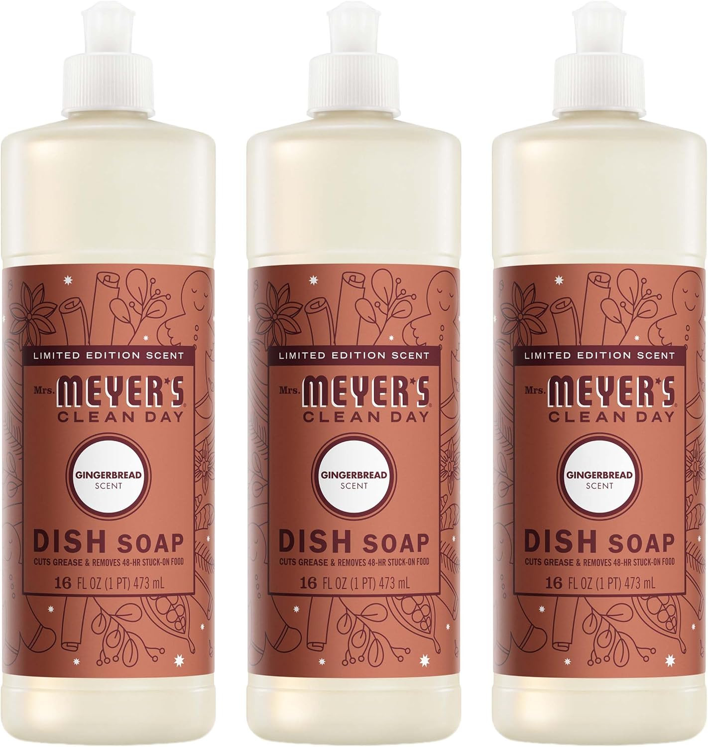 Mrs Meyers Liquid Dish Soap Gingerbread Scent Limited Holiday 16oz 3-Pack