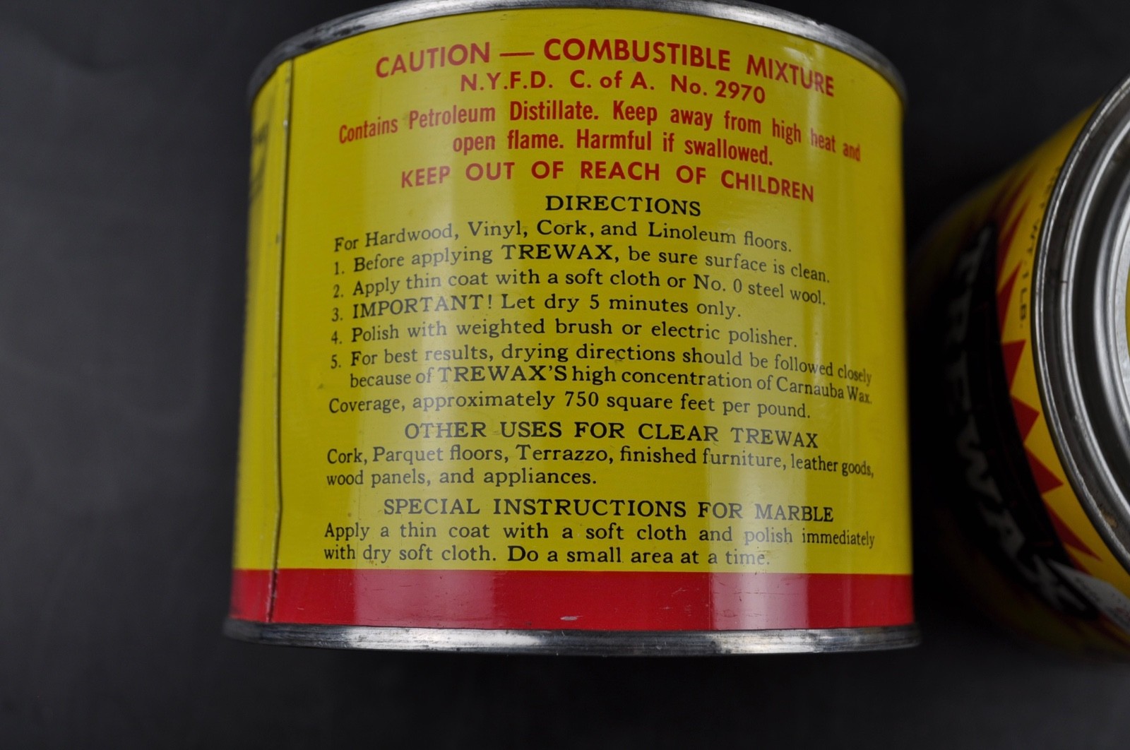Vintage Trewax Carnauba World Hardest Wax 2 cans 1 pound 80% Full