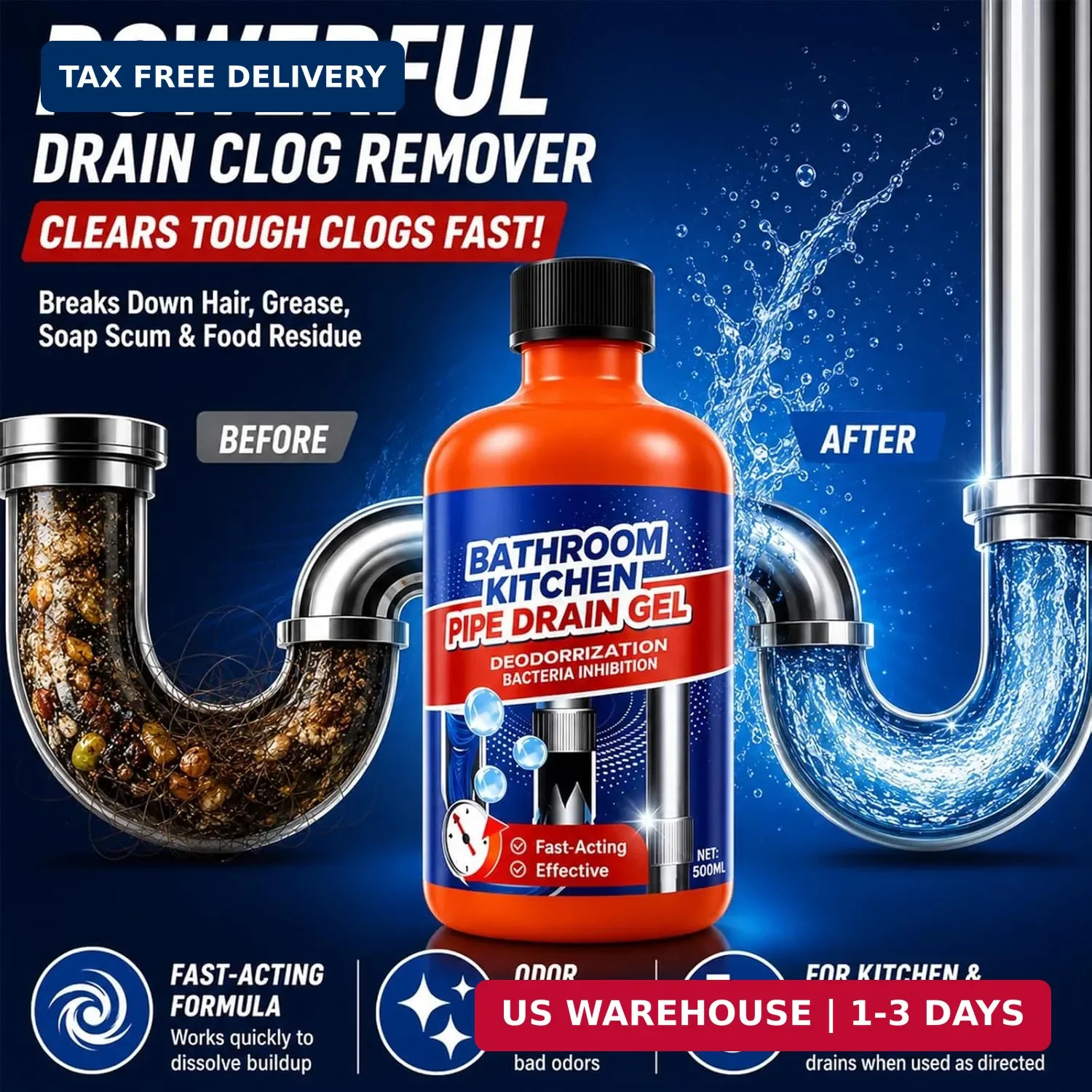 Drain Clog Remover 2 Pack, Drain Clog Dissolver, Opener-Cleaner, Toilet Clog Rem