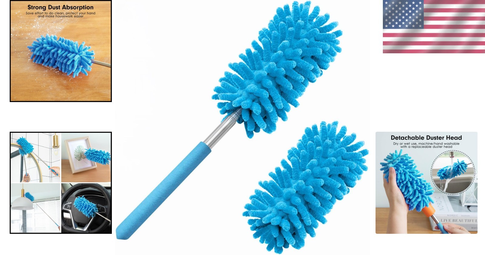 Soft Microfiber Cleaning Duster with 2 Detachable Heads and Extendable Pole