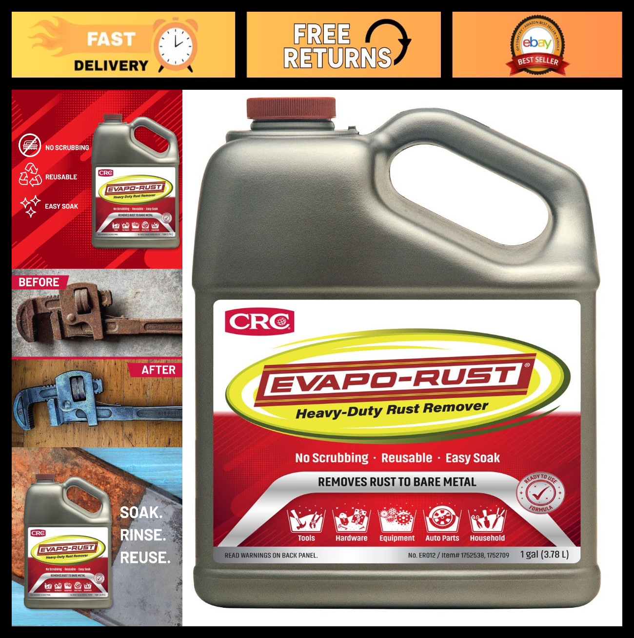 Heavy Duty Rust Remover 128 oz – Safe for Auto Parts, Hardware, Antiques, Tools