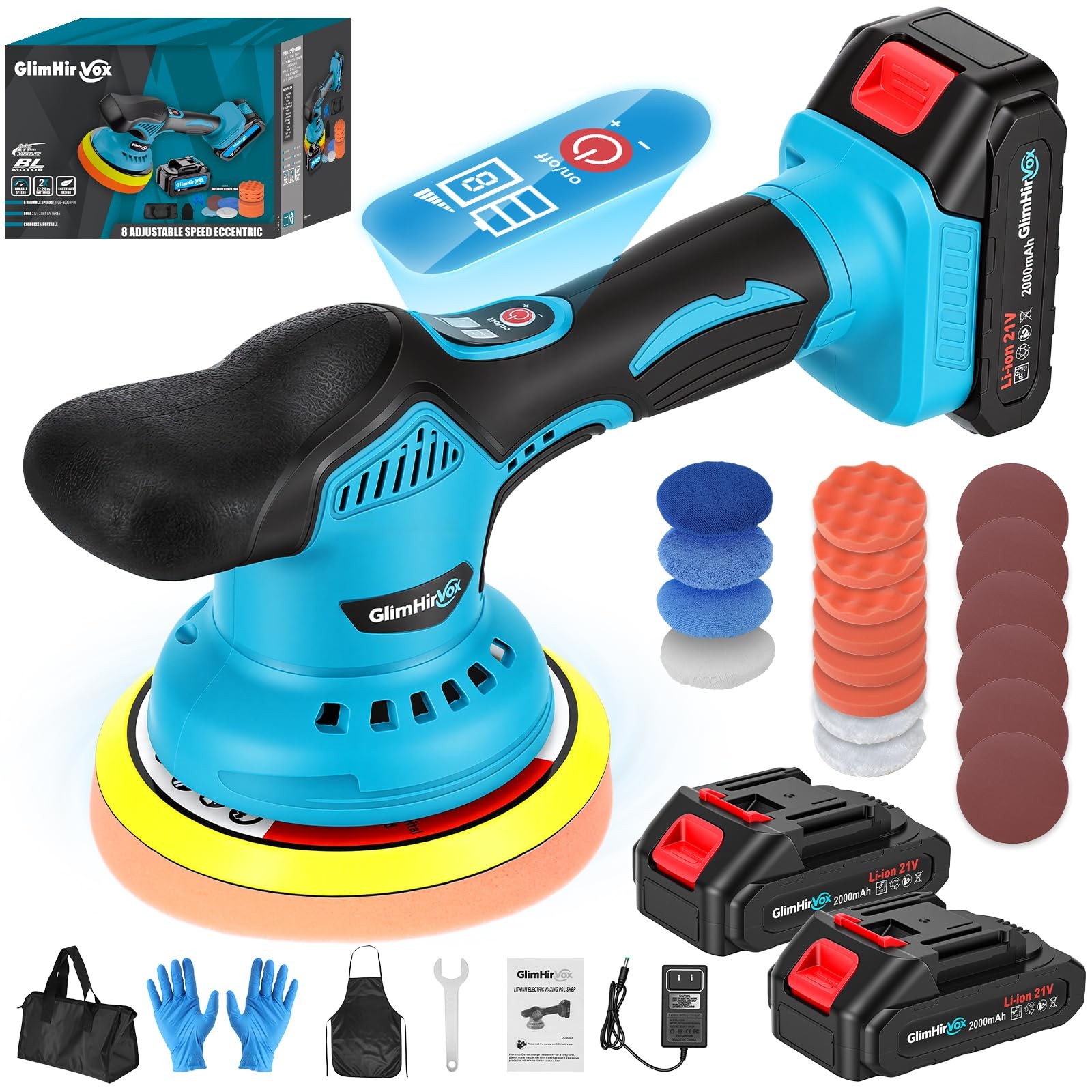 Cordless Car Buffer Polisher Kit with 2x2000mAh 21V Batteries and 28PCS Kit