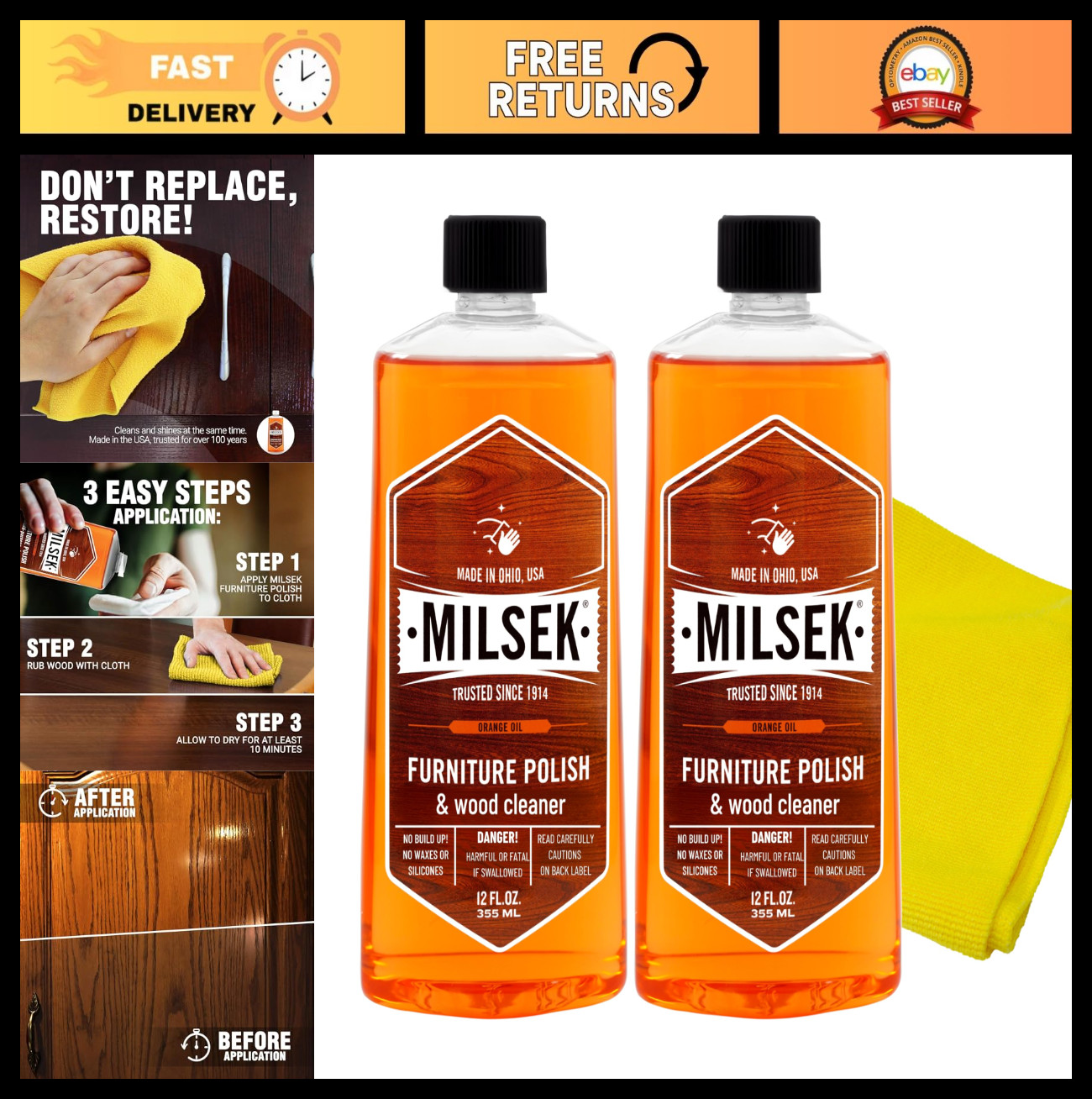 Multipurpose Wood Cleaner & Polish with Orange Oil – 12oz (2 Pack) + Microfiber