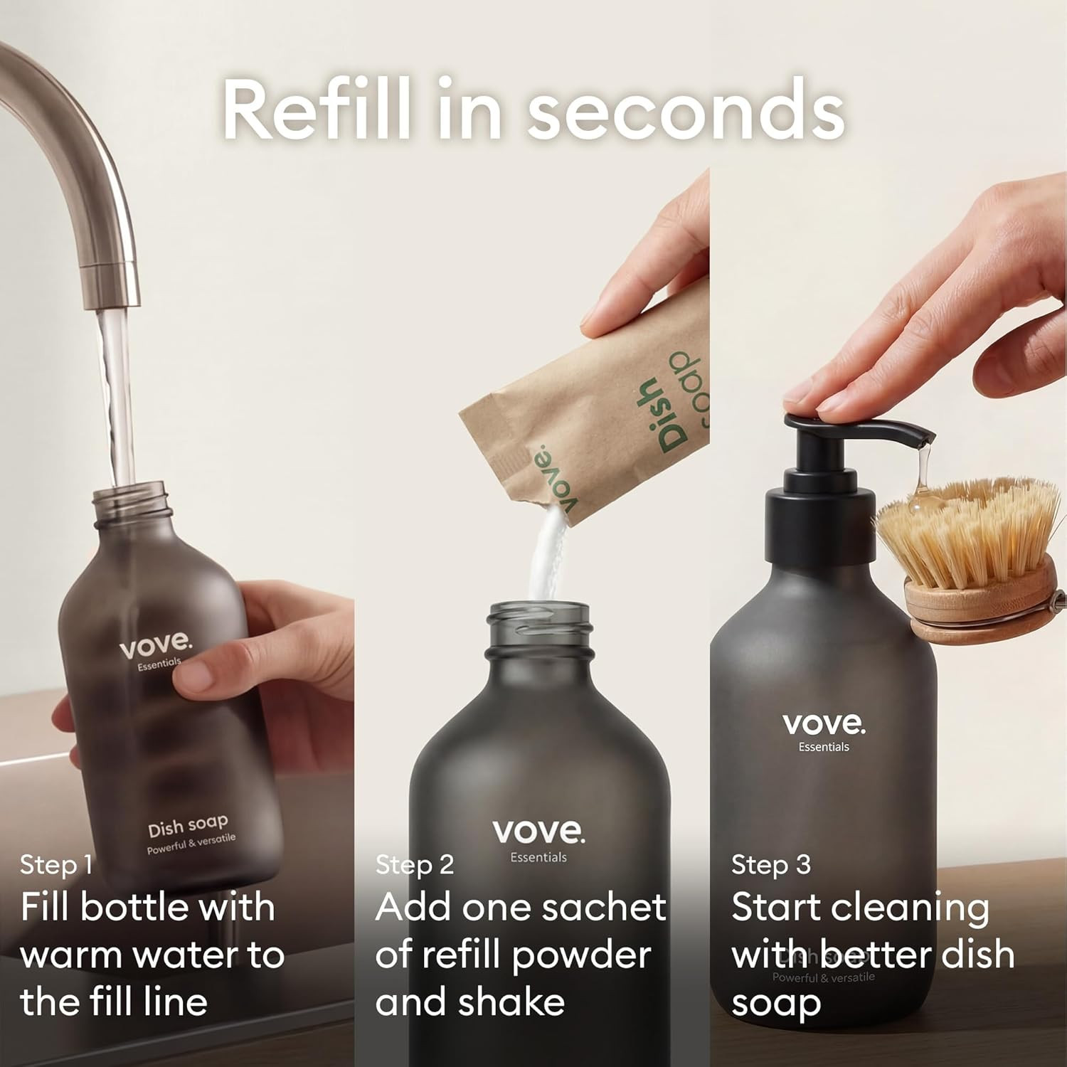 Dish Soap Refills 3-Pack, Bergamot Mint & Basil, Powder-To-Gel Dishwashing Liqui