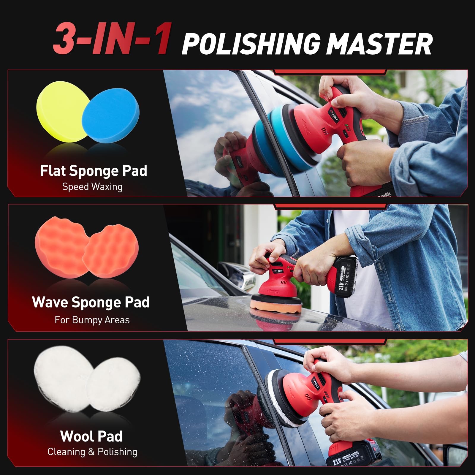 Avhrit 6 Inch Cordless Car Buffer Polisher: 2x4000mAh Batteries Car Buffer, C…