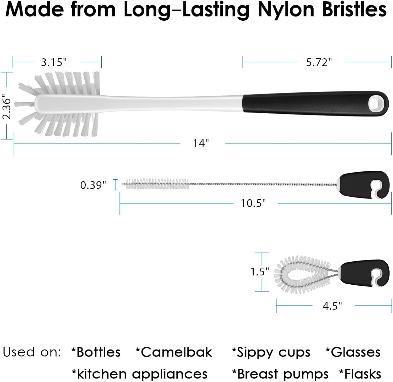 Three-in-one water bottle cleaning brush set.