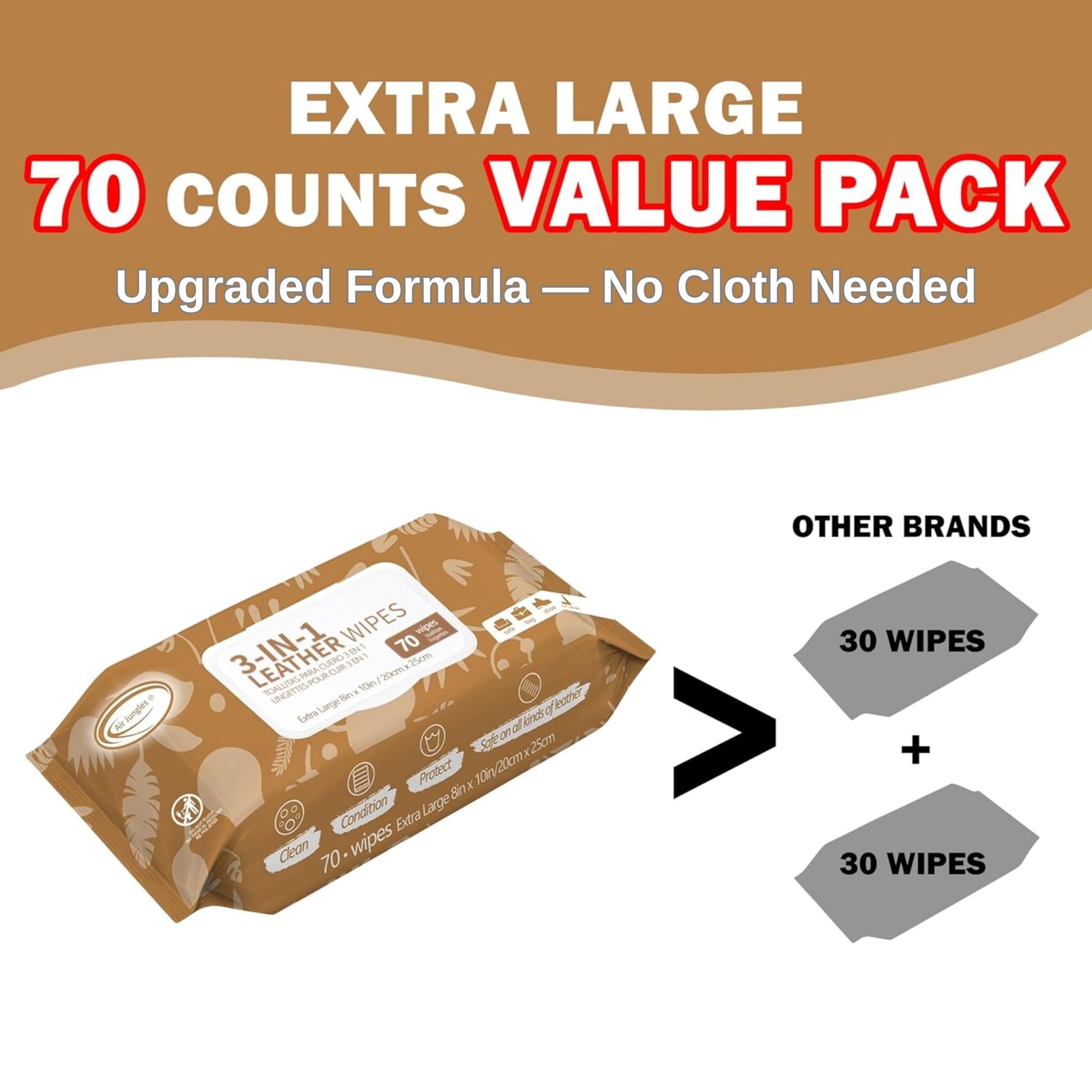3in1 Leather Cleaner Wipes 70 Count, Extra Large 8″ x 10″ Size, Clean Conditi…