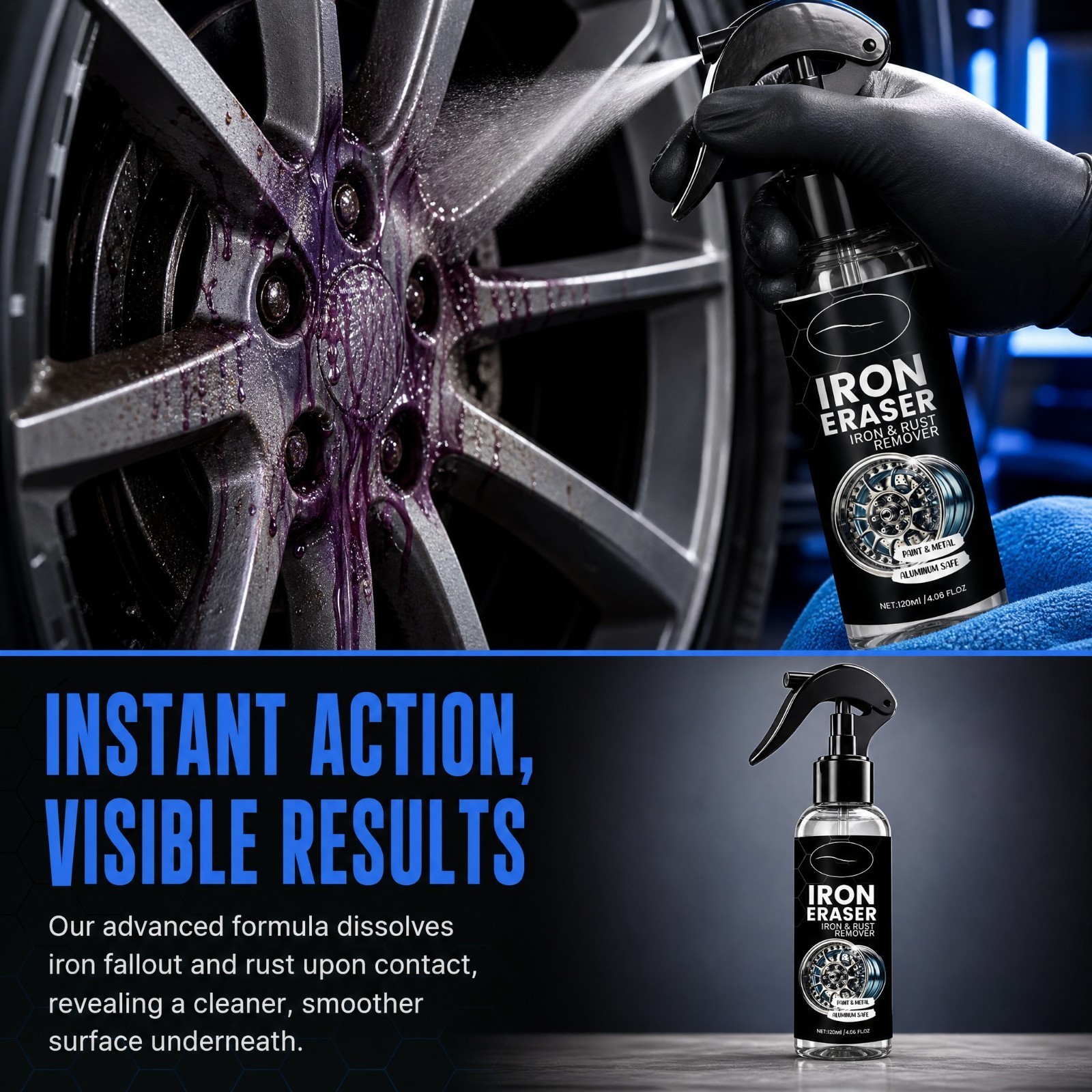 Iron Eraser Rust Remover Spray, Car Wheel Paint Brake Dust Fast Cleaner 120ml