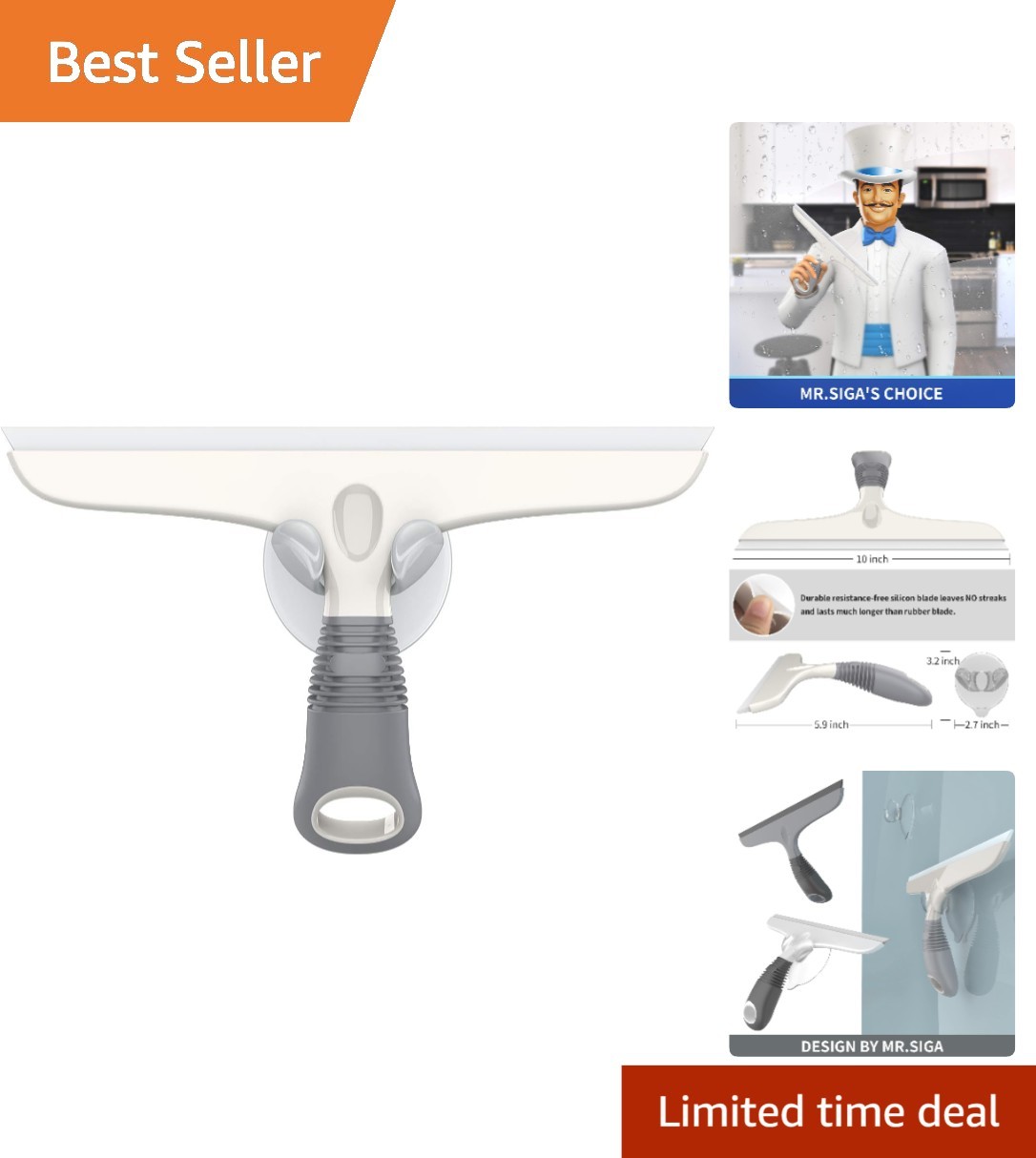 Durable Multi-Purpose Silicon Squeegee with Suction Hook – 10 Inch, White & Gray
