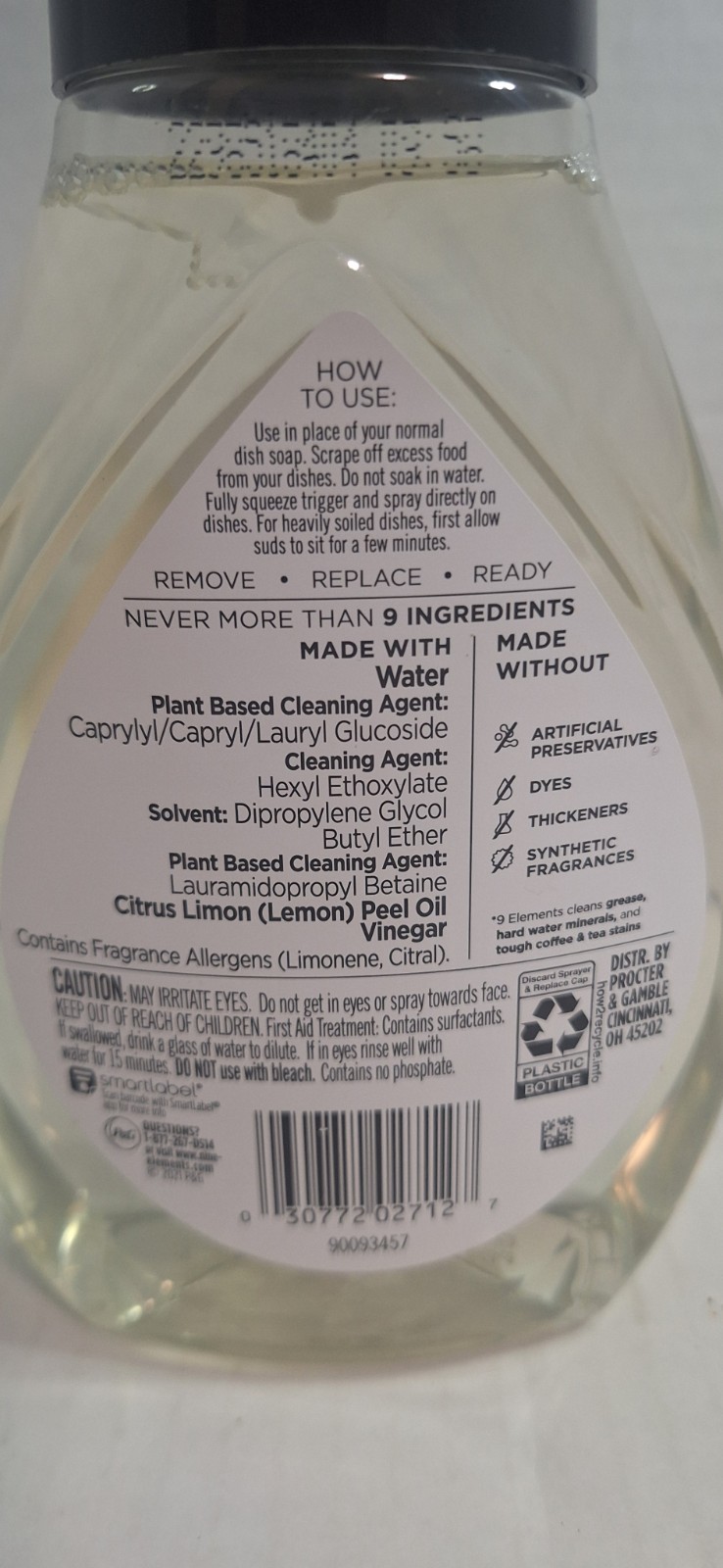 9 Elements Foaming Dish Spray Lemon Scent Refill 16 fl oz New