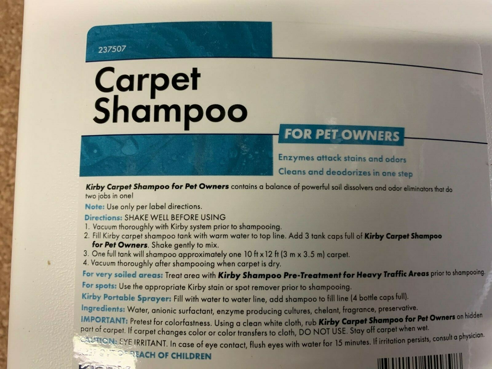 Genuine KIRBY VACUUM ONE GALLON Pet Owners SHAMPOO 237507S