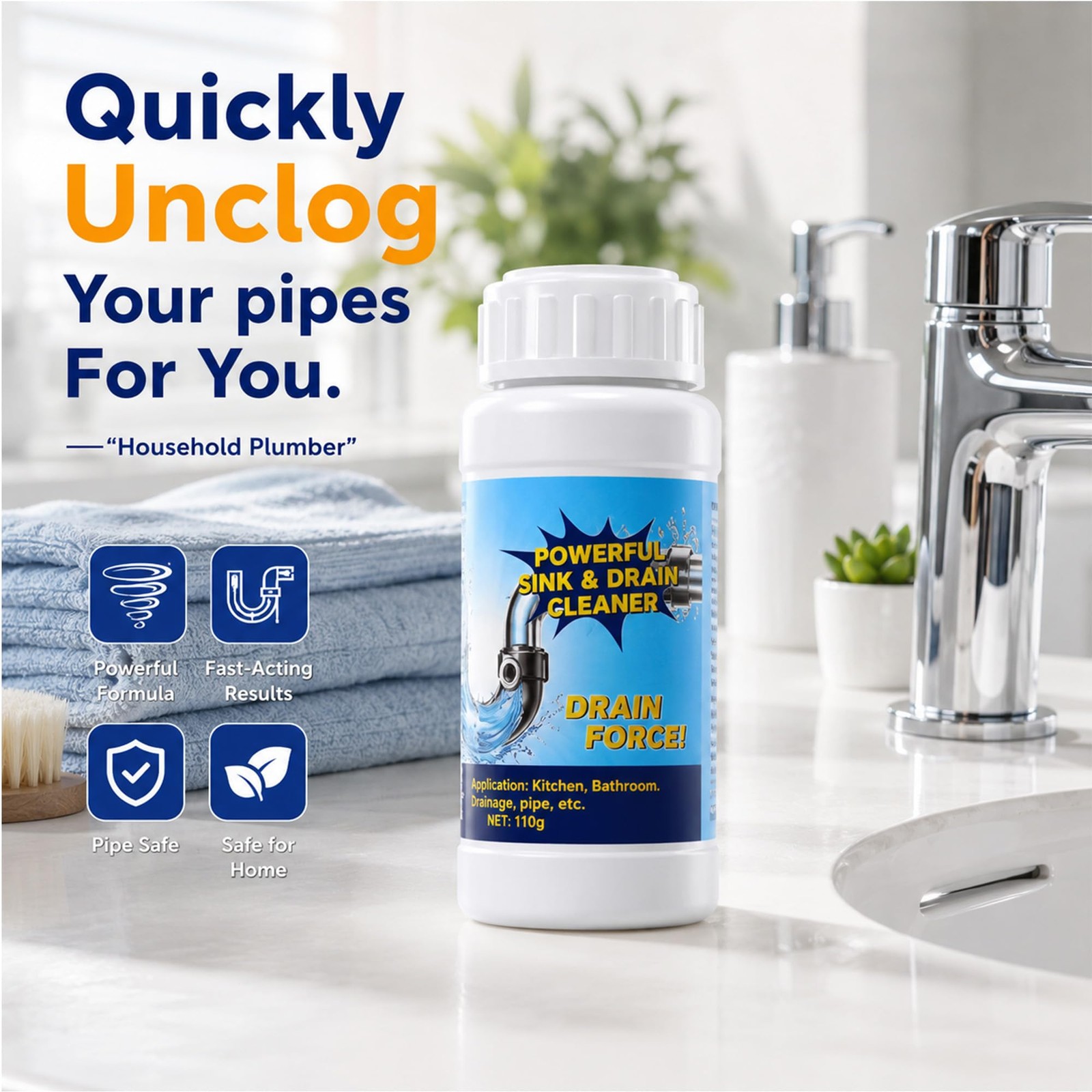 Loruoea 4Pack Potent Drain Cleaner & Clog Remover for Kitchen & Bath Pipes