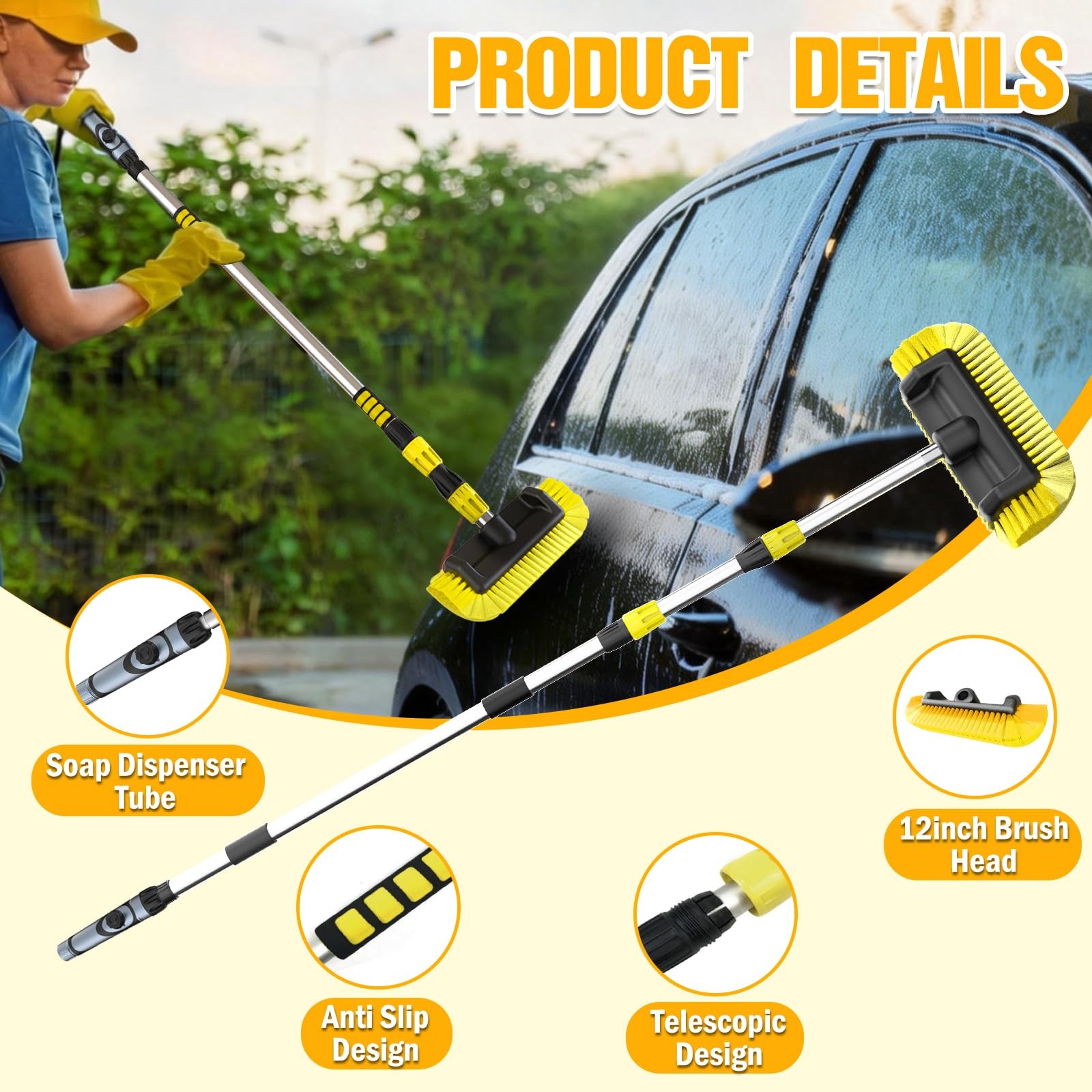 12FT Car Wash Brush with Long Handle, Soft Bristles & Soap Dispenser