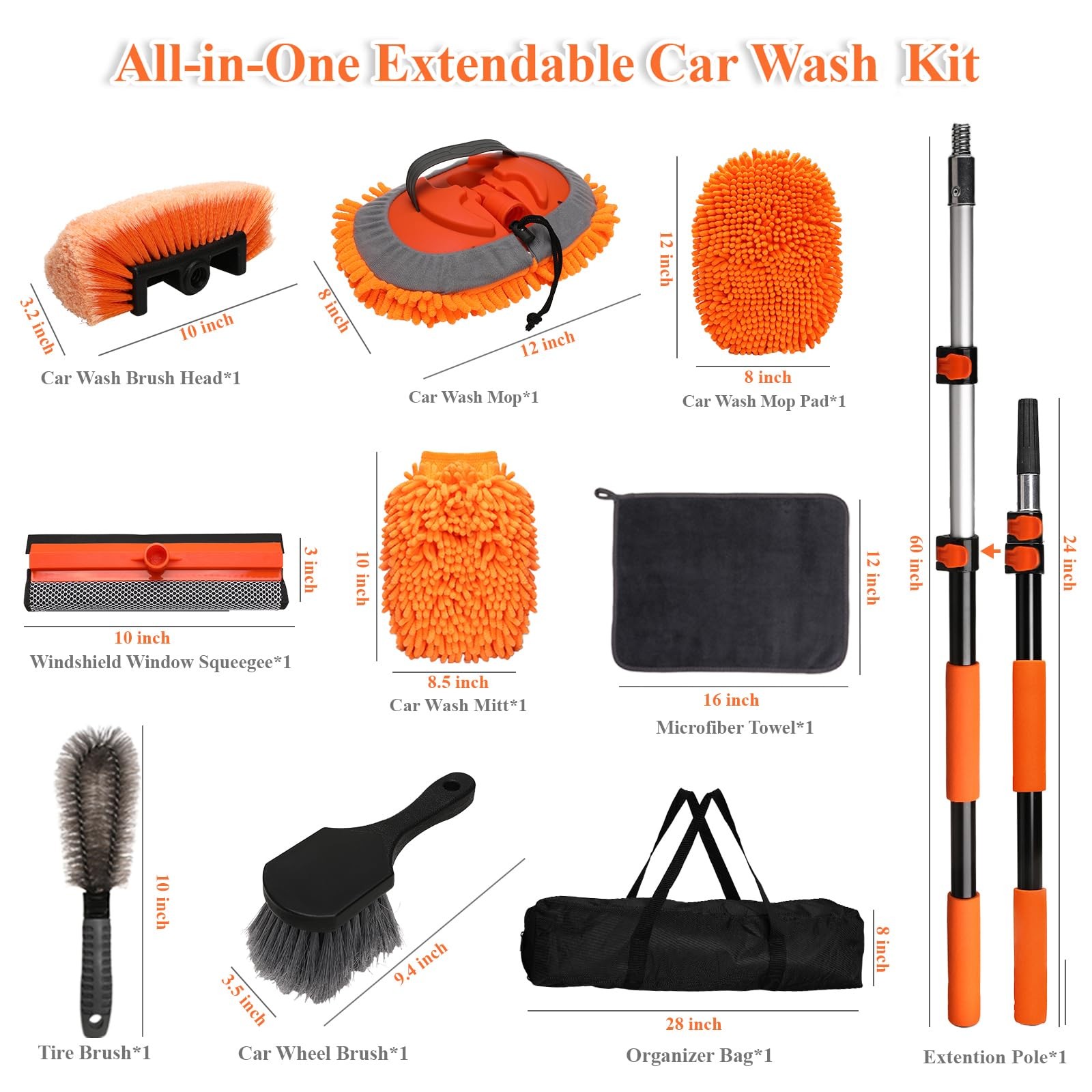 10Pcs 60″ Car Wash Kit with Long Handle, Soft Extendable Car Wash Brush & Mop…