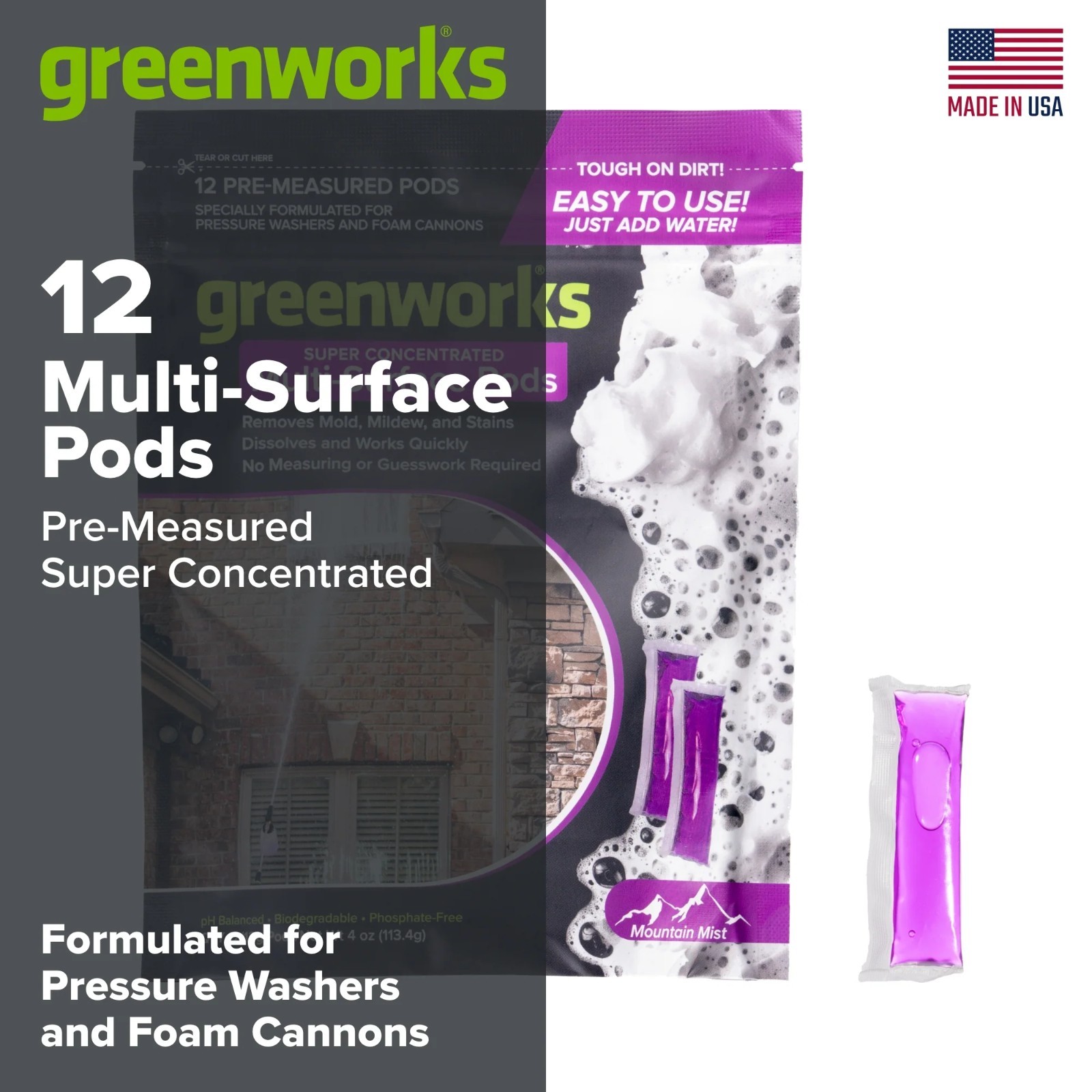 Greenworks Multi-Surface Pods for Car Wash, Patio, Driveway &Outdoor Cleaning