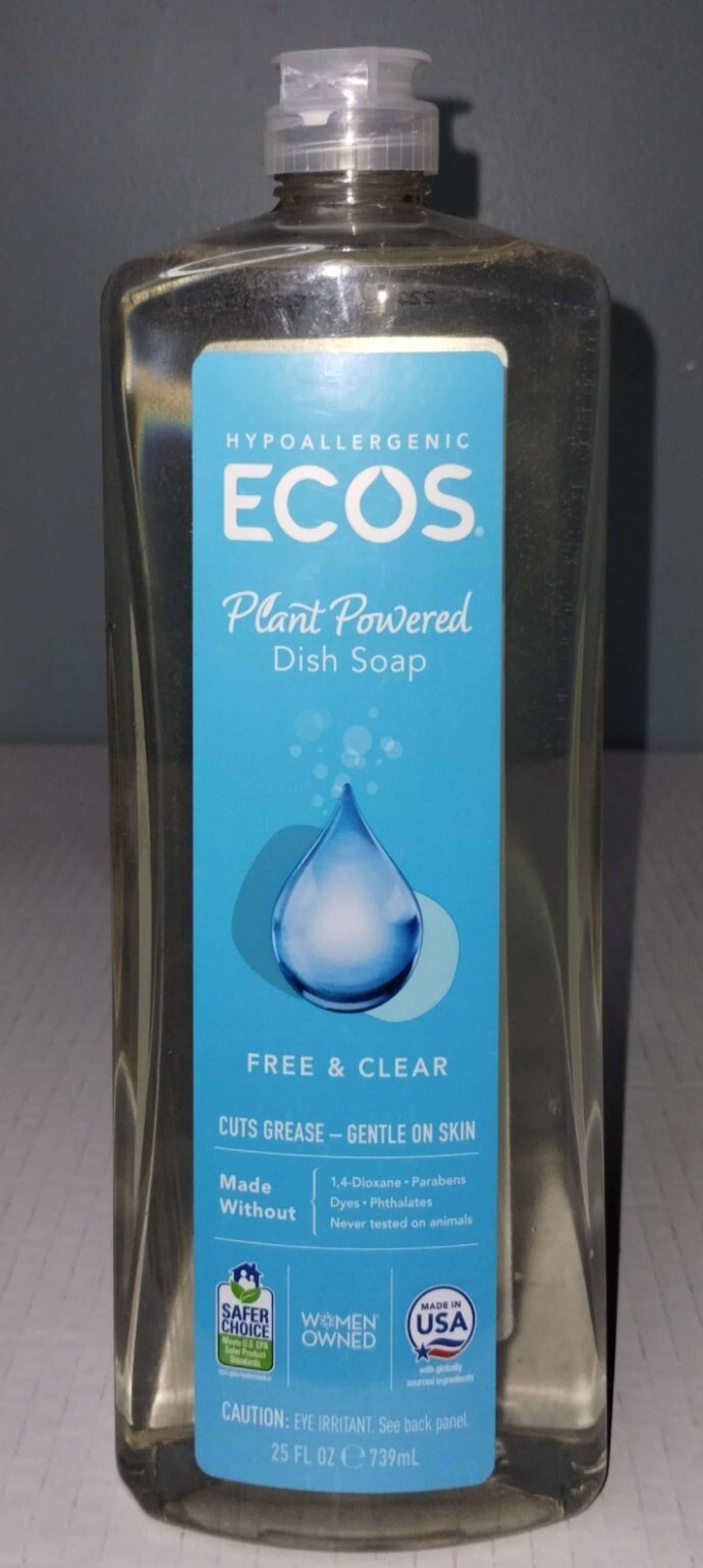 Ecos Plant Powered Dish Soap Free & Clear Hypoallergenic Cuts Grease 25 Ounce
