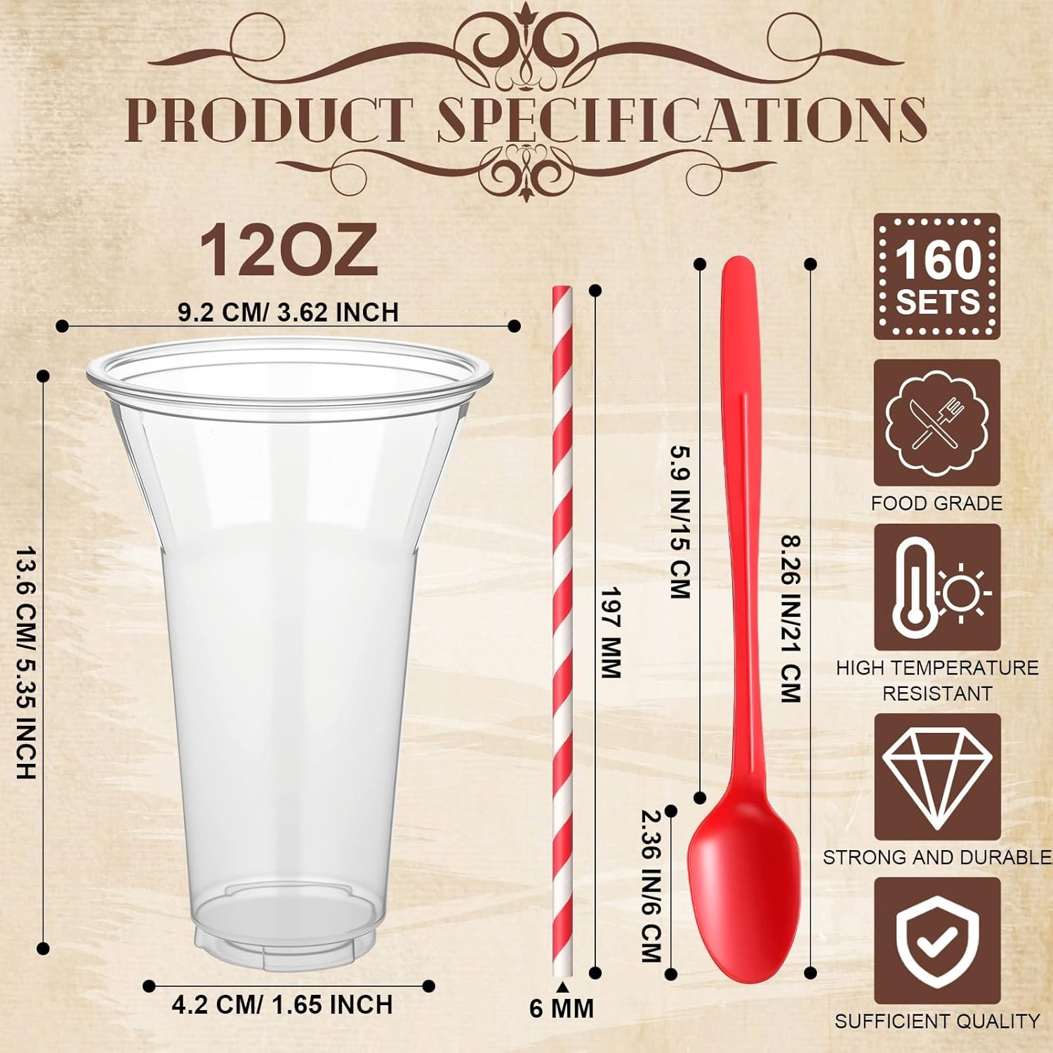 160 Sets Disposable Utensils, 12 oz Plastic Root Beer Float Cups Parfait Cups,