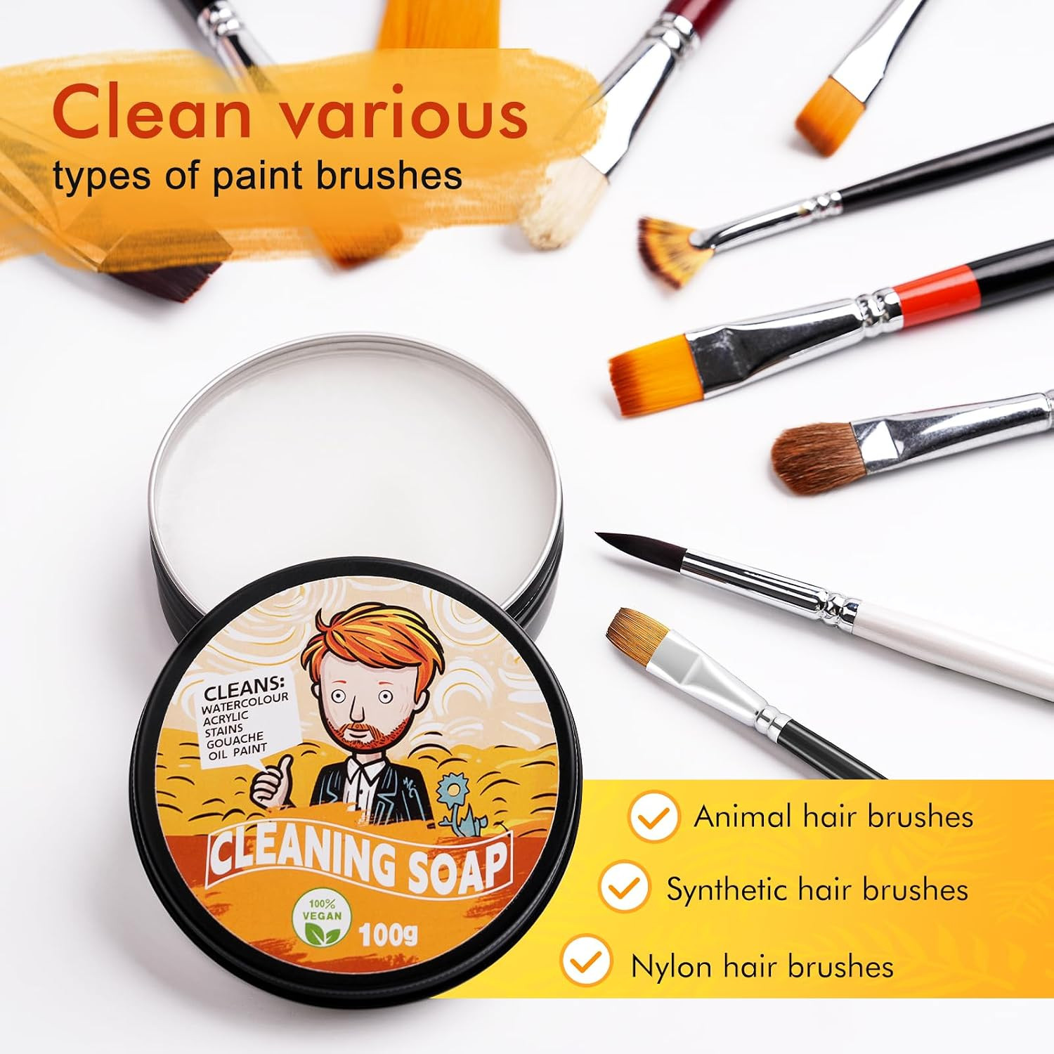 100% Vegan Paint Brush Cleaner Soap, Solvent Free Natural Vegetable Glycerin Bru