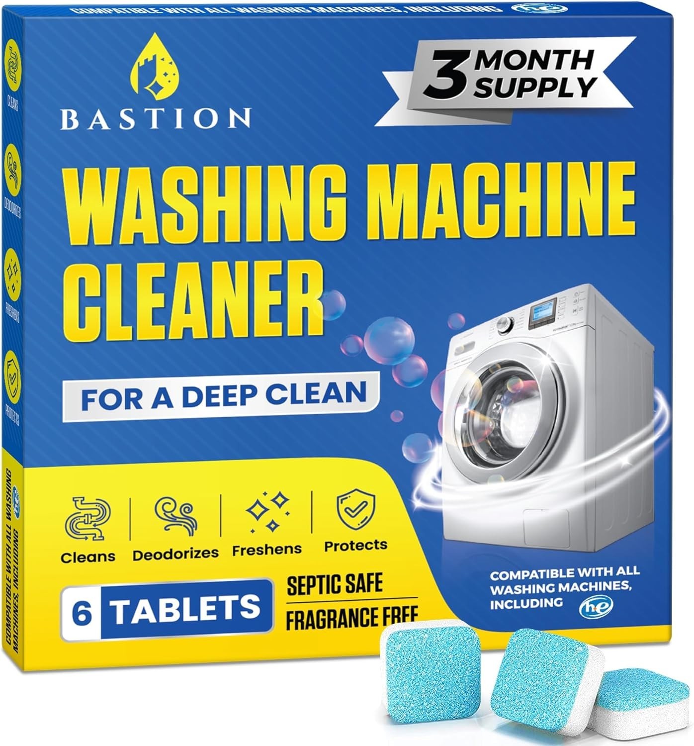 Bastion Washing Machine Cleaner Tablets 6 Pack Clean Deodorizer Descaler HE Safe