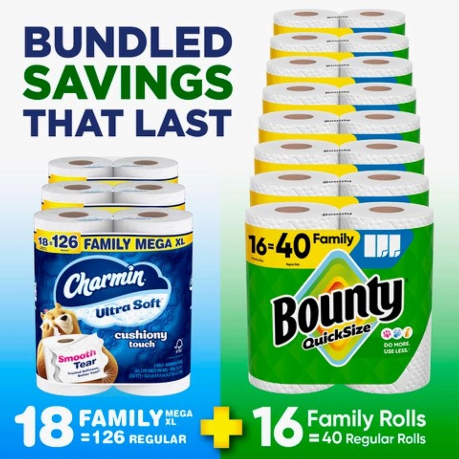 Bounty Quick-Size Paper Towels, White, 16 Family Rolls, Charmin Ultra Soft Cus