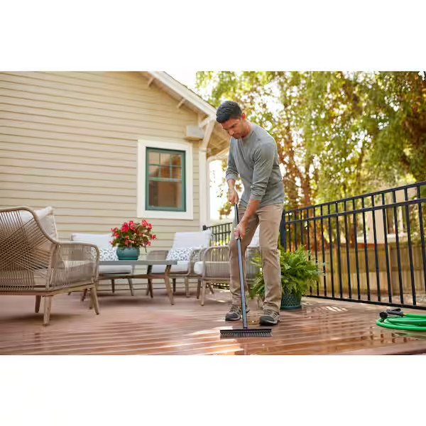 12″ Heavy Duty Deck Scrub Brush 50″ Handle Stiff Bristles Floor Patio Cleaner