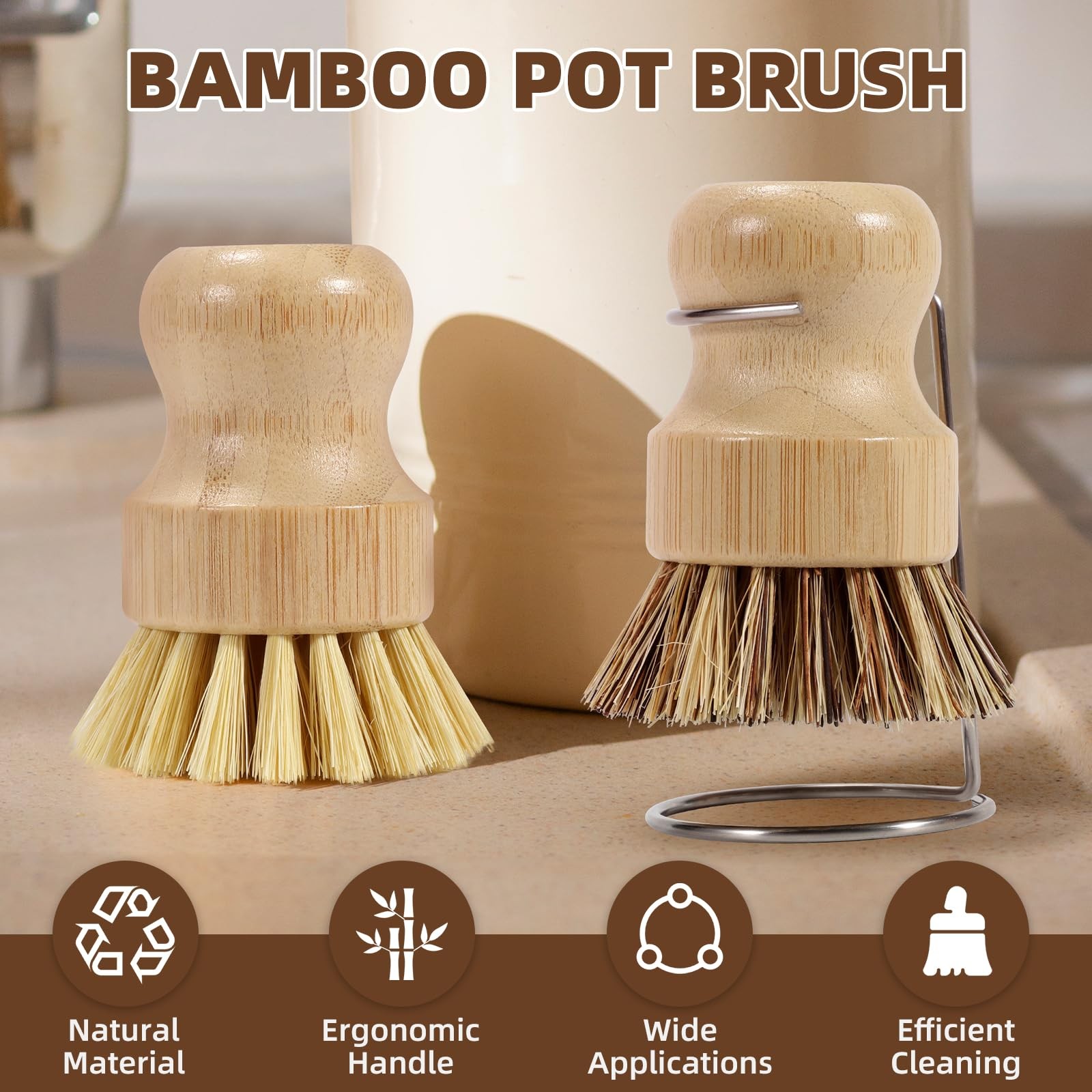 6-Piece Dish Brush Set with 2X Fast-Dry Stainless Steel Holder,3xNatural Sisa…
