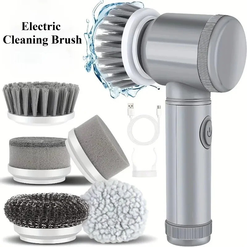 Electric Spin Scrubber Cordless Power Cleaning Brush Bathroom Tub Tile 5 Heads