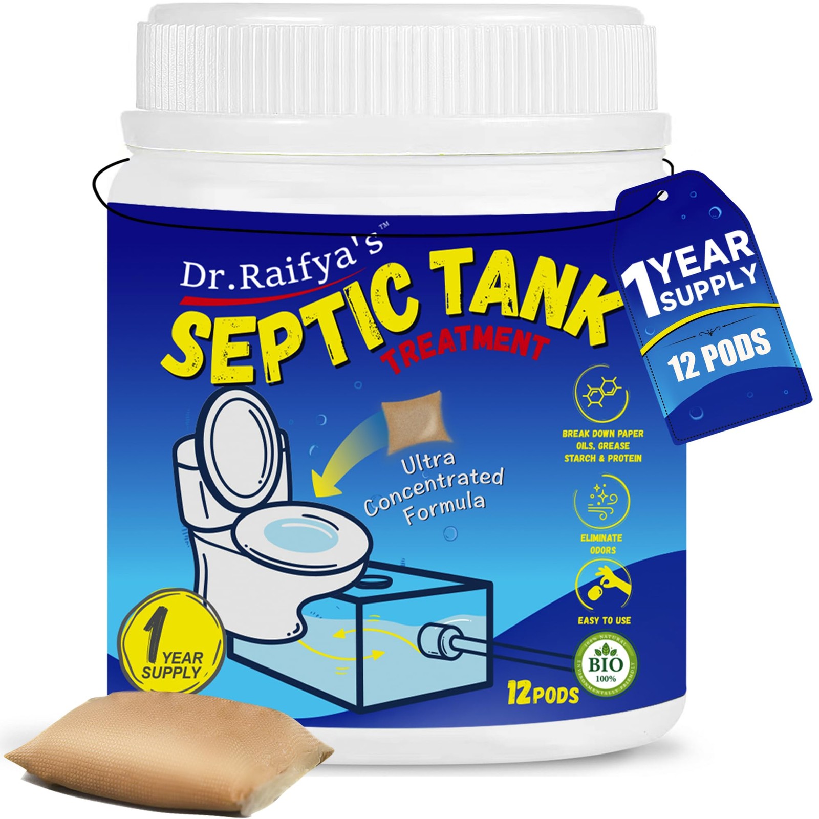 Septic Tank Treatment Pods – 12 Pcs for 1-Year Supply | Beneficial Bacteria & En