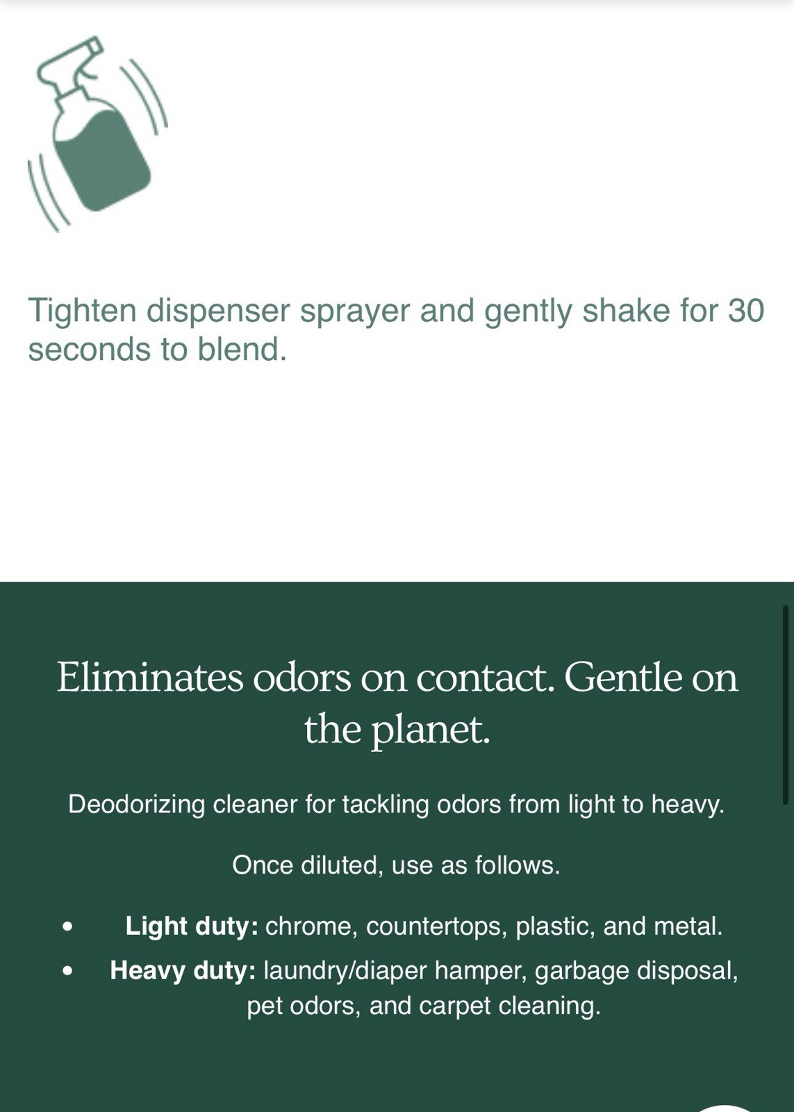 Pure & Gentle Deodorizer Cleaner Concentrate 16oz & spray bottle, and scoop.