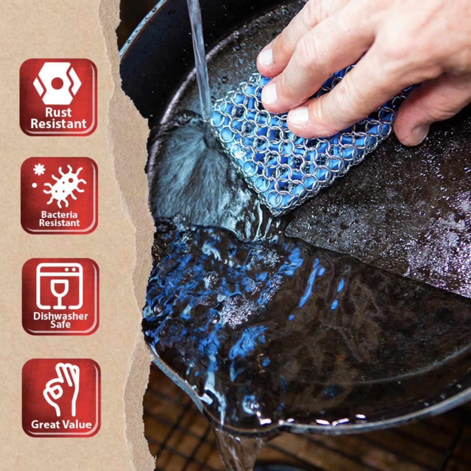 Premium Cast Iron Cleaner 2-in-1 Chainmail Scrubber & Silicone Core – Heavy Duty