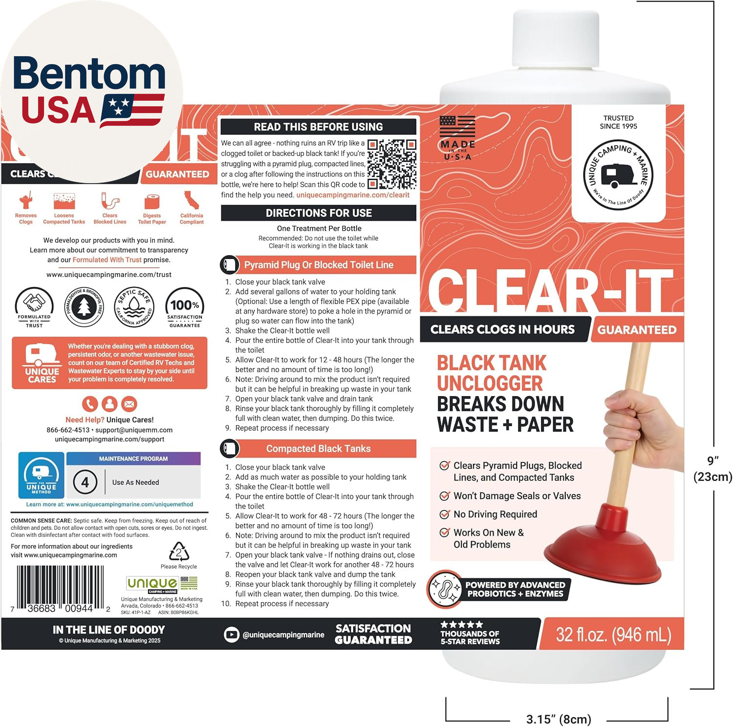 Clear-It RV Black Tank Unclogger Liquid – Breaks through Pyramid Plugs, Compacte