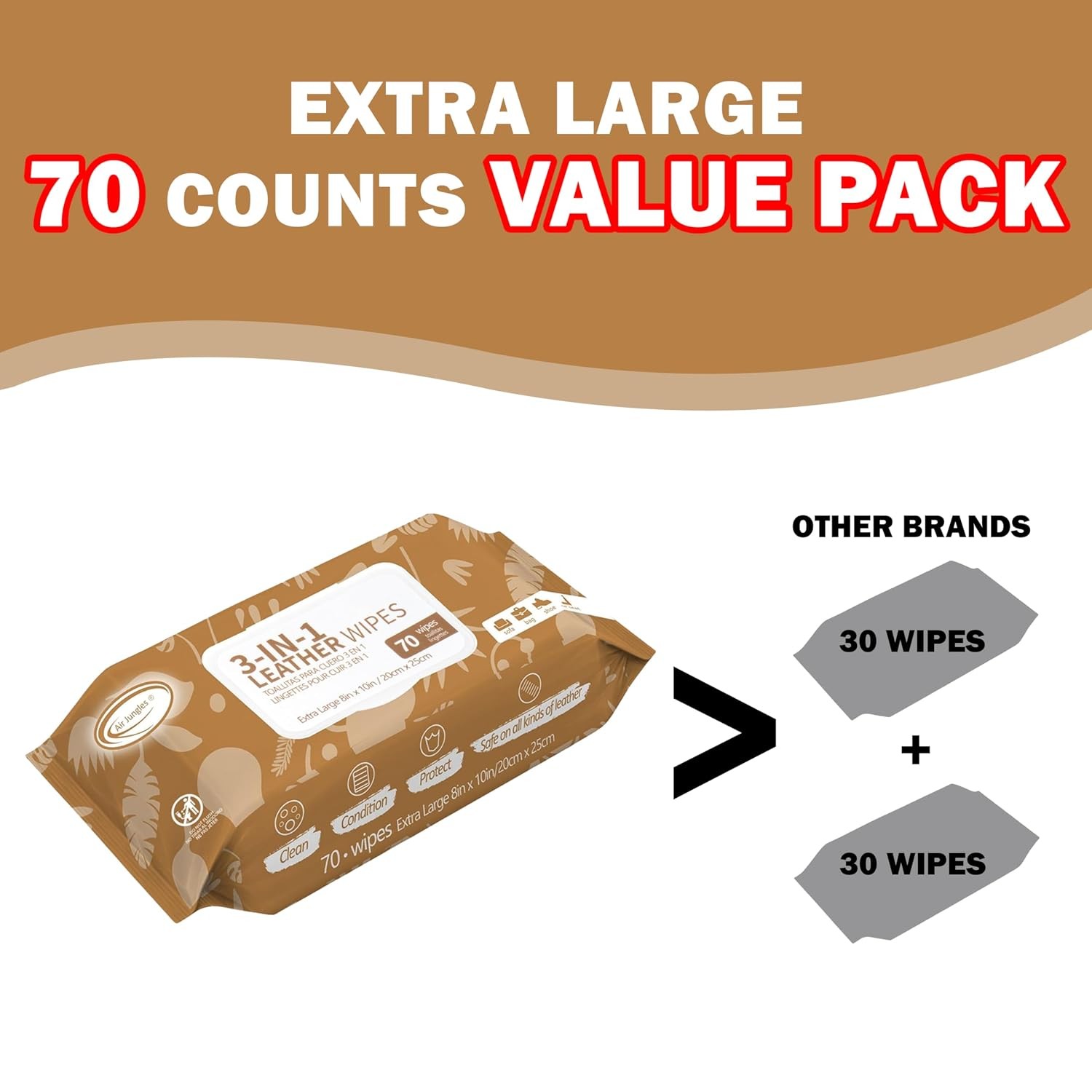 Air Jungles 3in1 Leather Cleaner Wipes 70 Count (Pack of 3), Extra Large 8″ x 10
