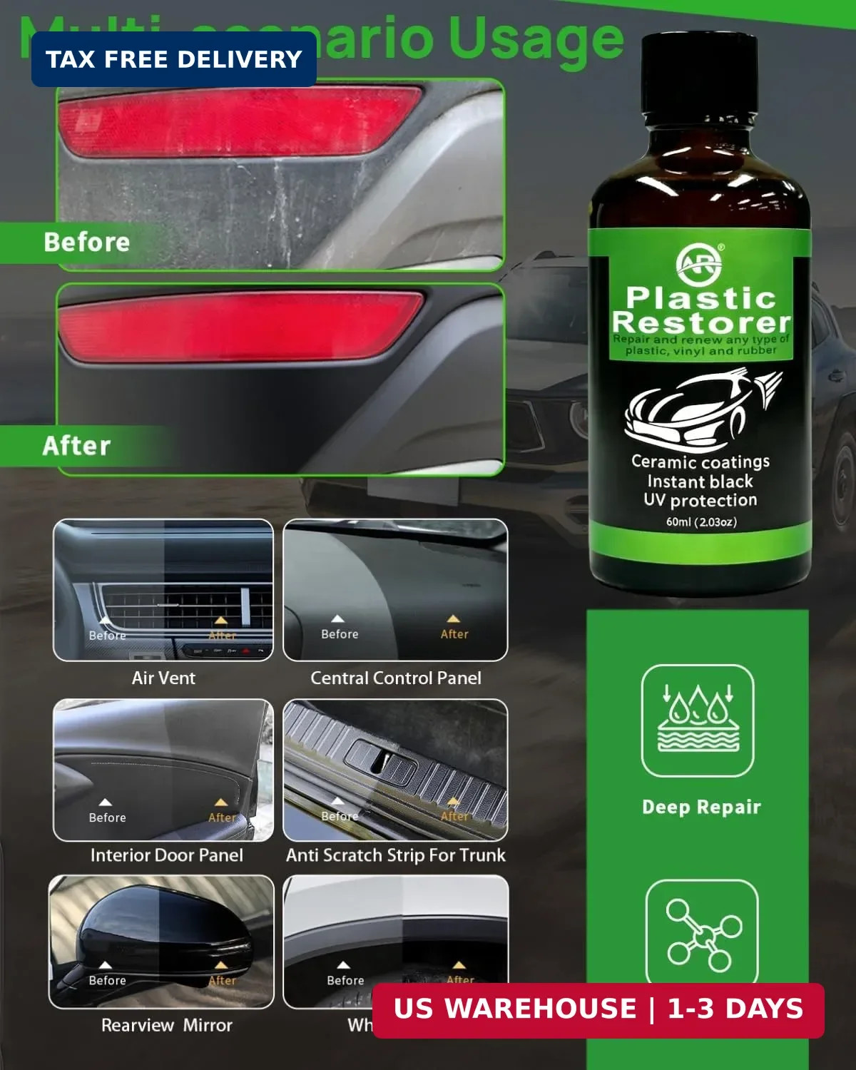 Plastic Restorer for Cars, 60ML Black Trim Restorer, Back to Black Plastic Resto