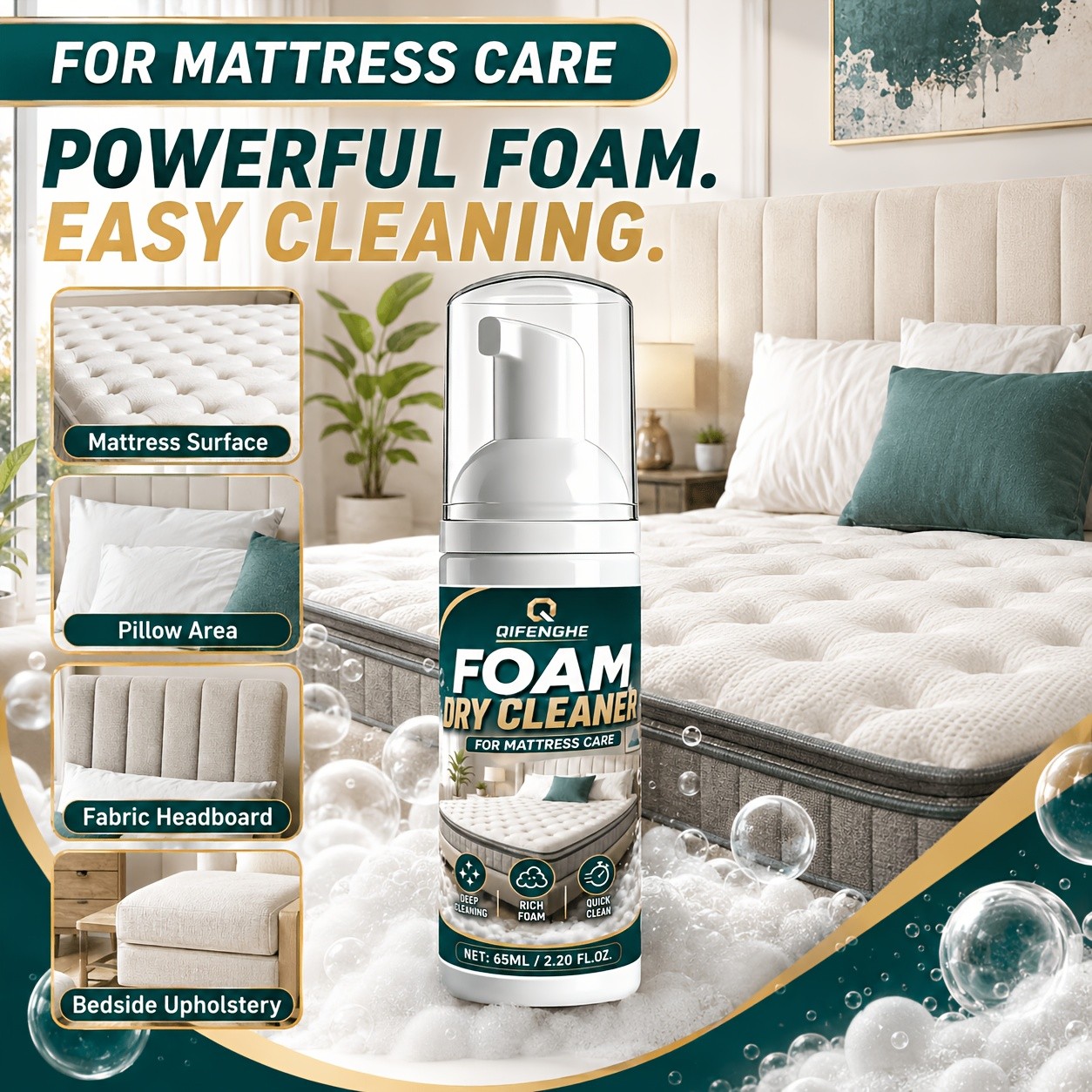 Mattress Foam Dry Cleaner, No Water Needed Deep Stain Remover for Mattress And F