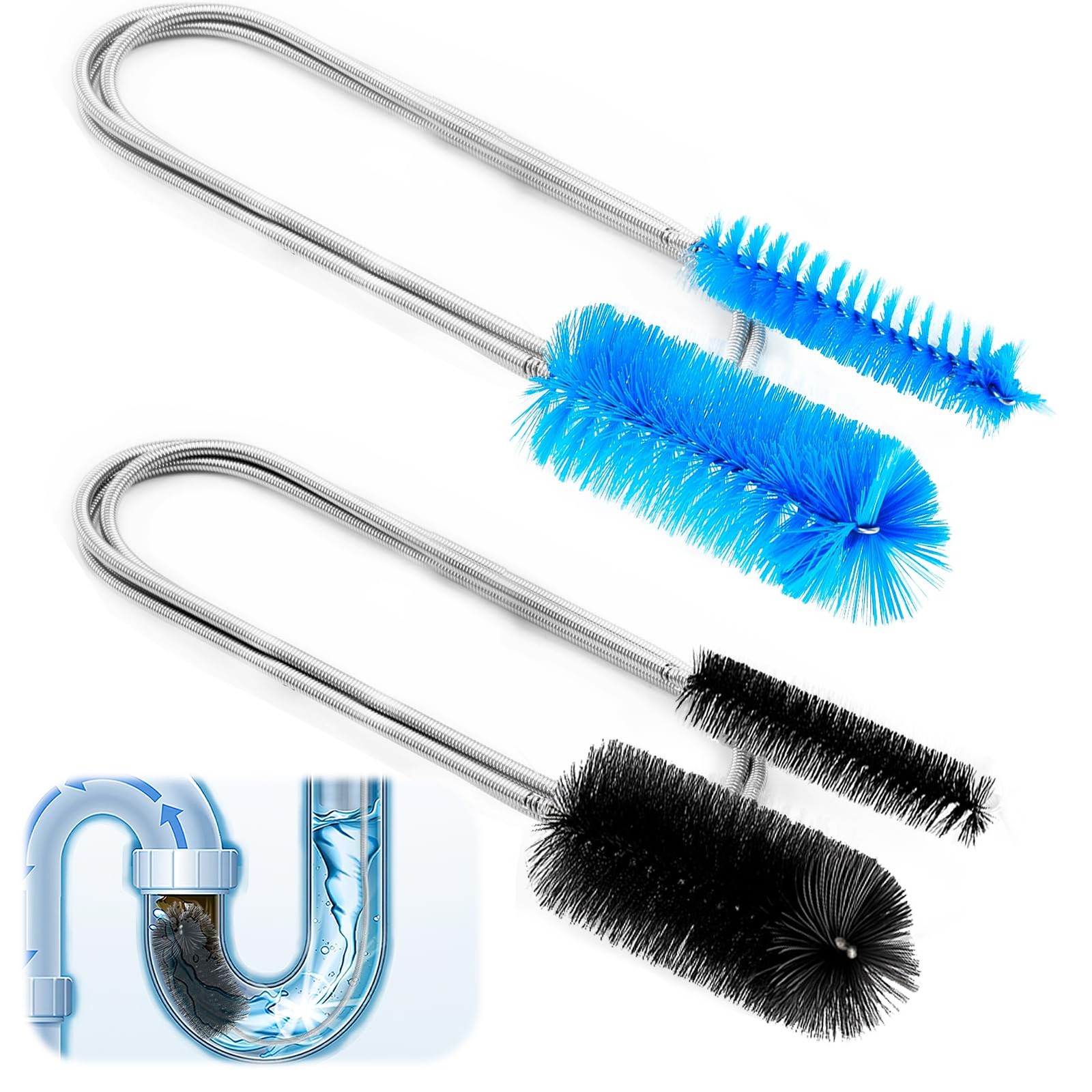 Flexible Drain Pipe Cleaning Brush W/ Stainless Steel Tube Nylon Bristles 2PC