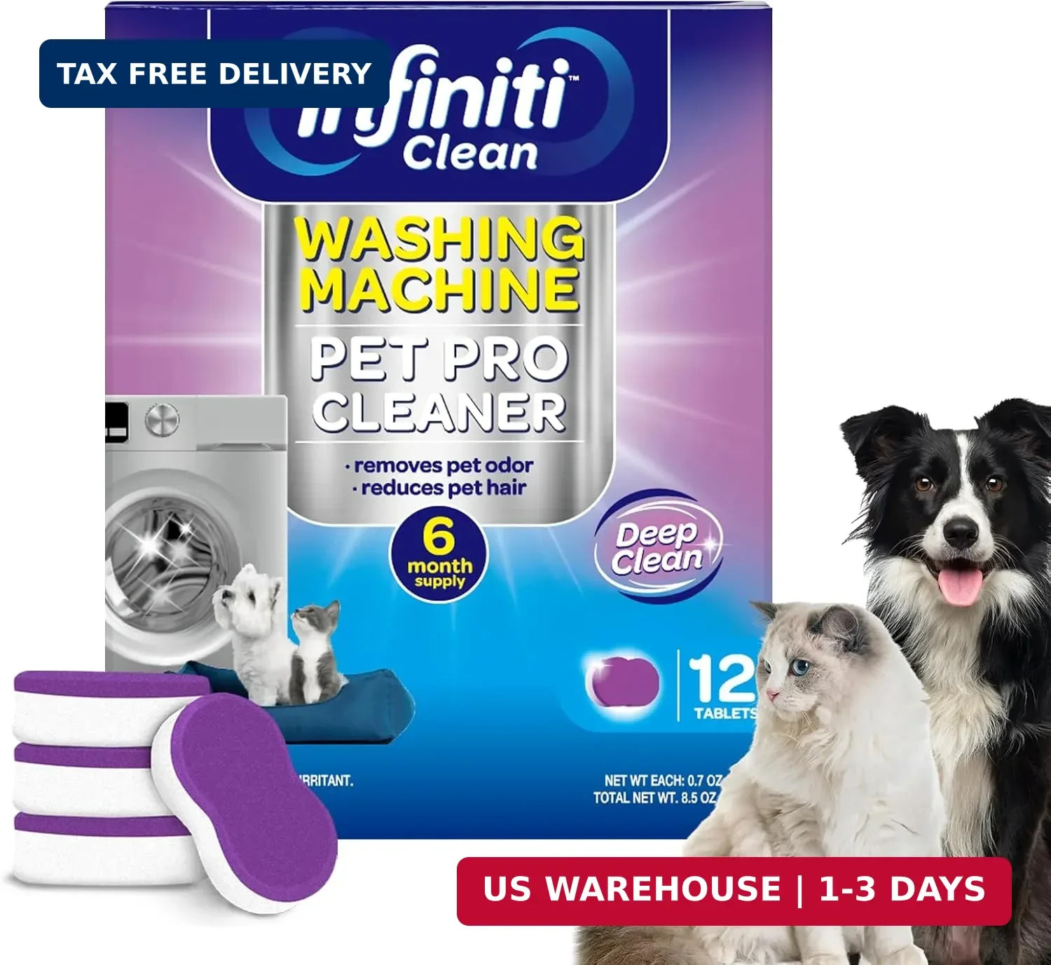 Washing Machine Cleaner Tablets 12 Pack, Formulated for Pet Owners, 8.5oz Washer