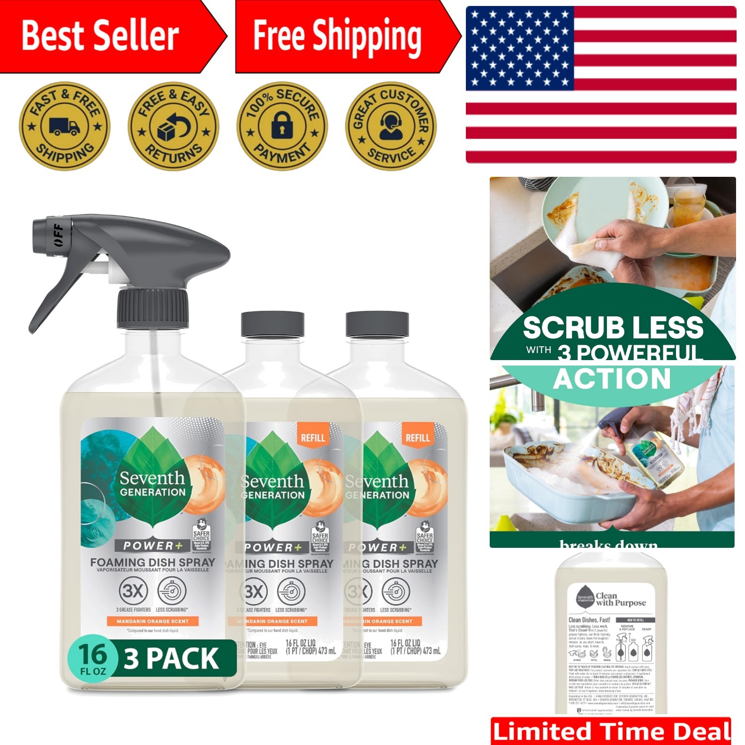 Eco-Friendly Mandarin Orange Dish Spray – 3 Refills, 16 Fl Oz Each, Quick Clean