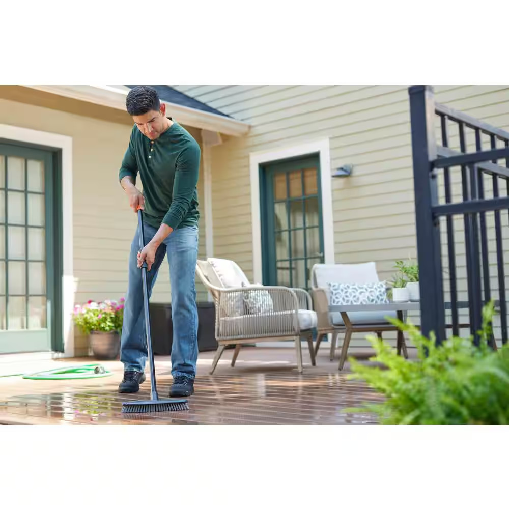 12 In. Plastic Deck Scrub Brush with 50 In. Handle (1-Pack)
