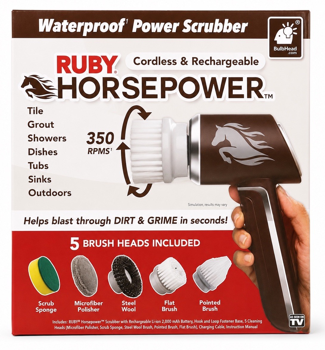 Horsepower Electric Spin Scrubber Waterproof 350 RPM 5 Brush Heads Cordless New