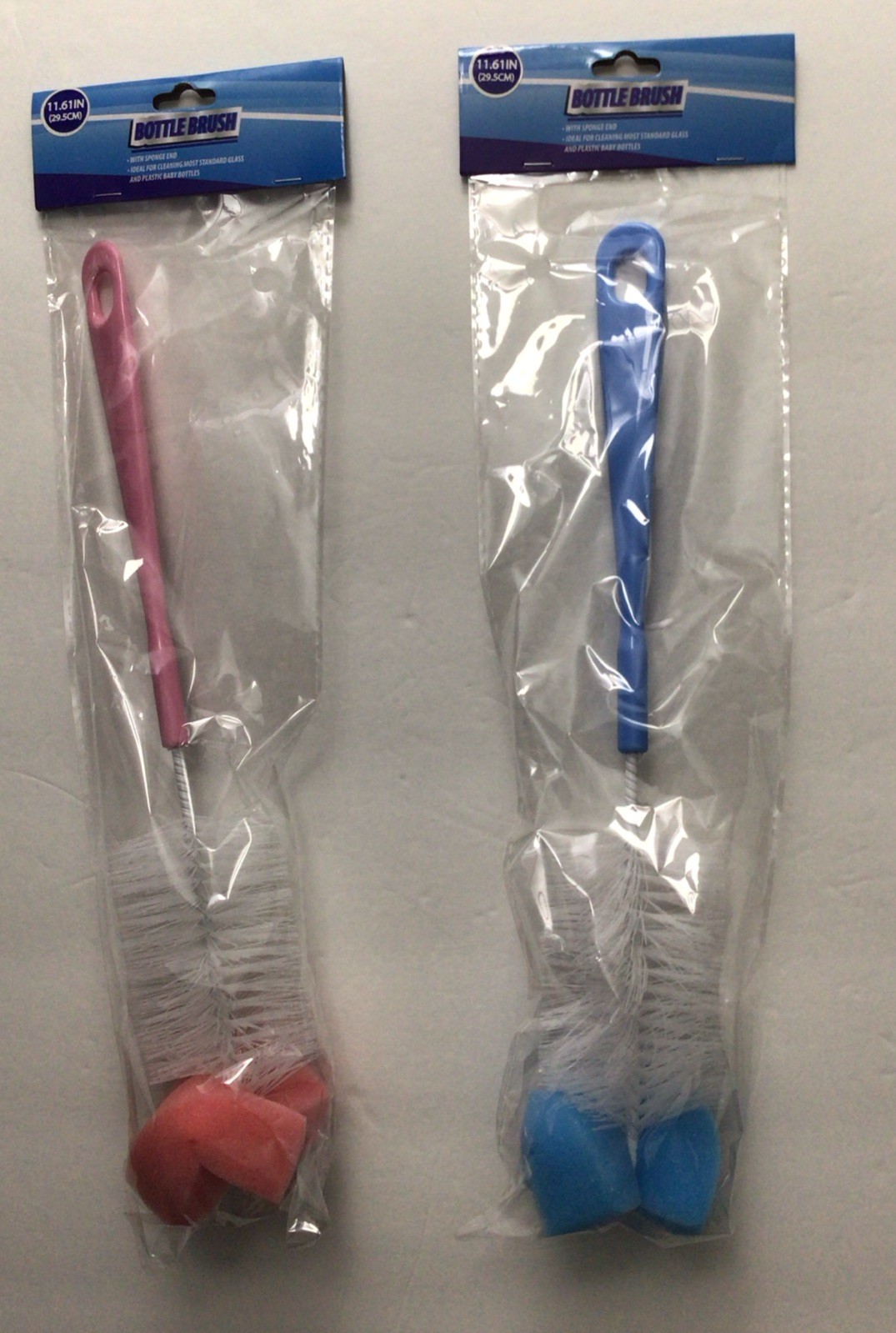 11.6” LONG BOTTLE BRUSH WITH SPONGE END FOR GLASS/PLASTIC BABY BOTTLES, 2 COLORS