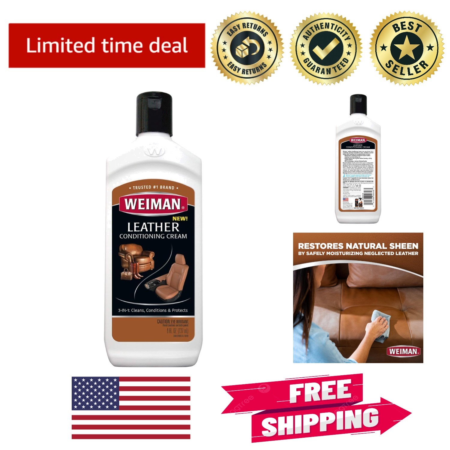 Gentle 3 in 1 Leather Care Cream – Cleans, Conditions & Protects – 8 Fl Oz
