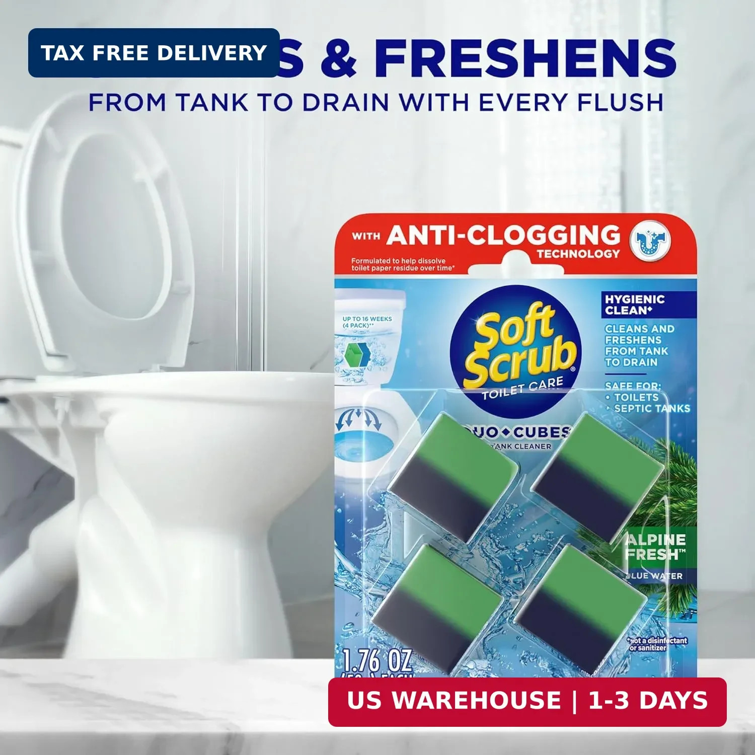 Soft Scrub in-Tank Toilet Cleaner Duo-Cubes, Alpine Fresh, 4Count