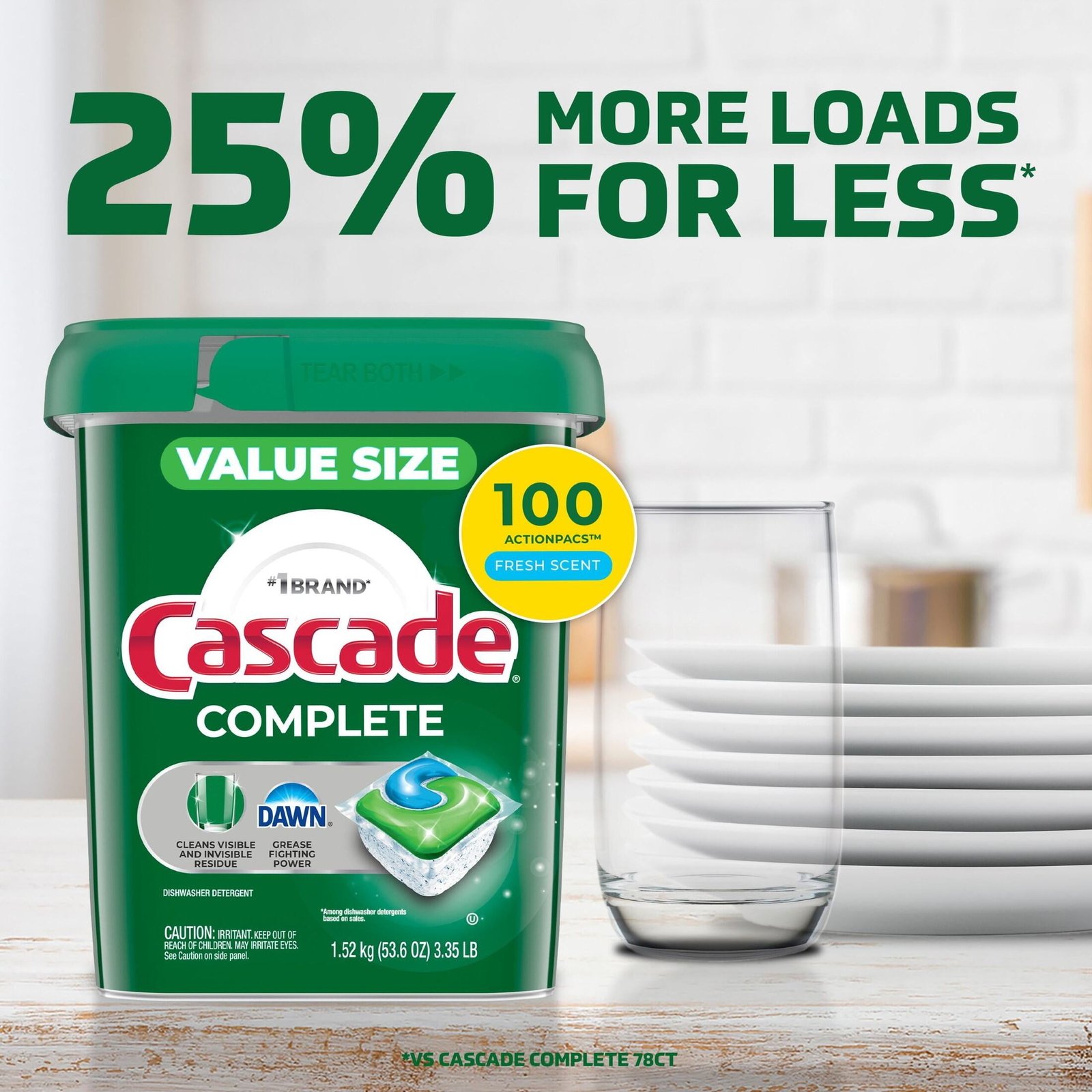 Cascade Complete Dishwasher Pods, Action Pacs Detergent Tabs, Fresh, 100 Count